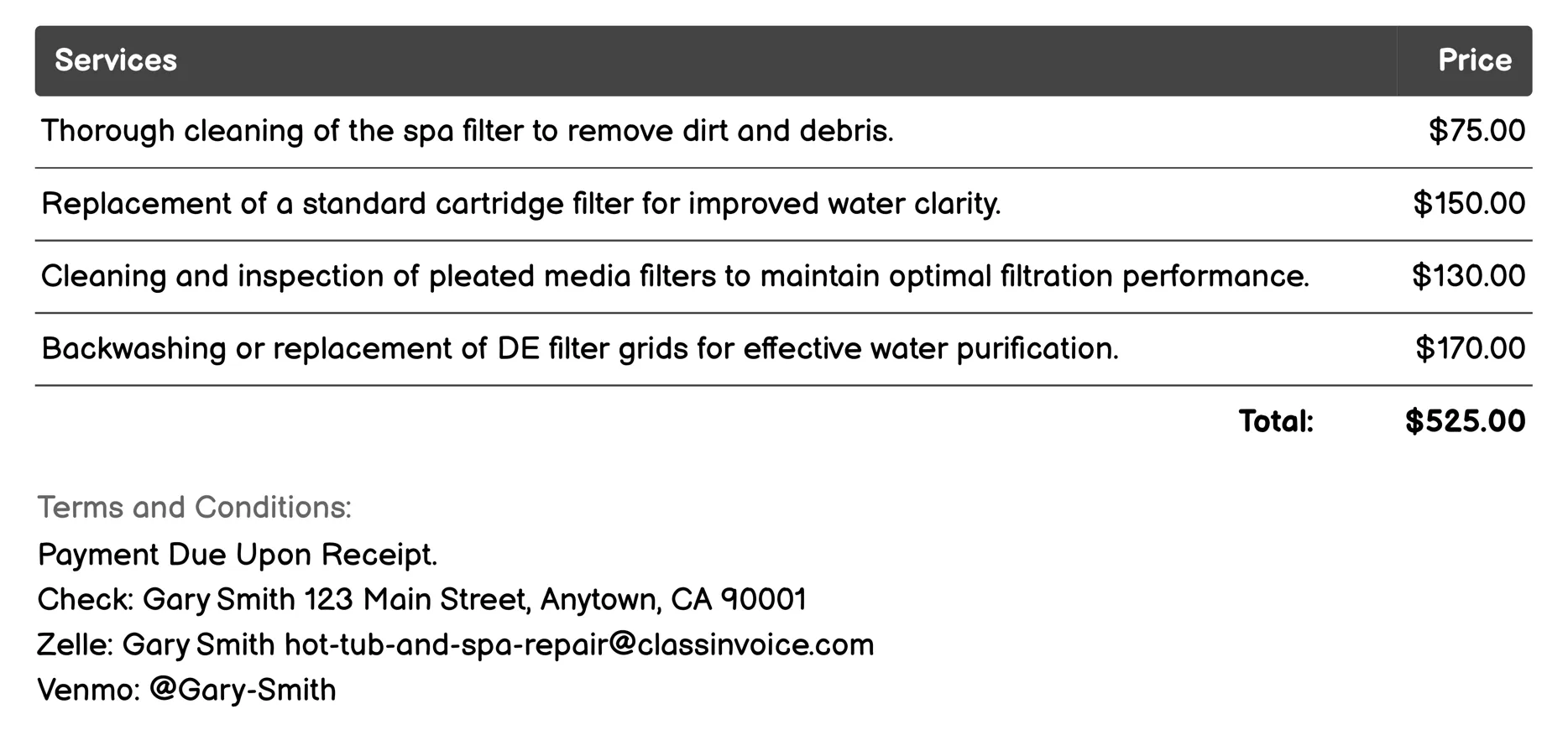 Filter Cleaning and Replacement Invoice Example