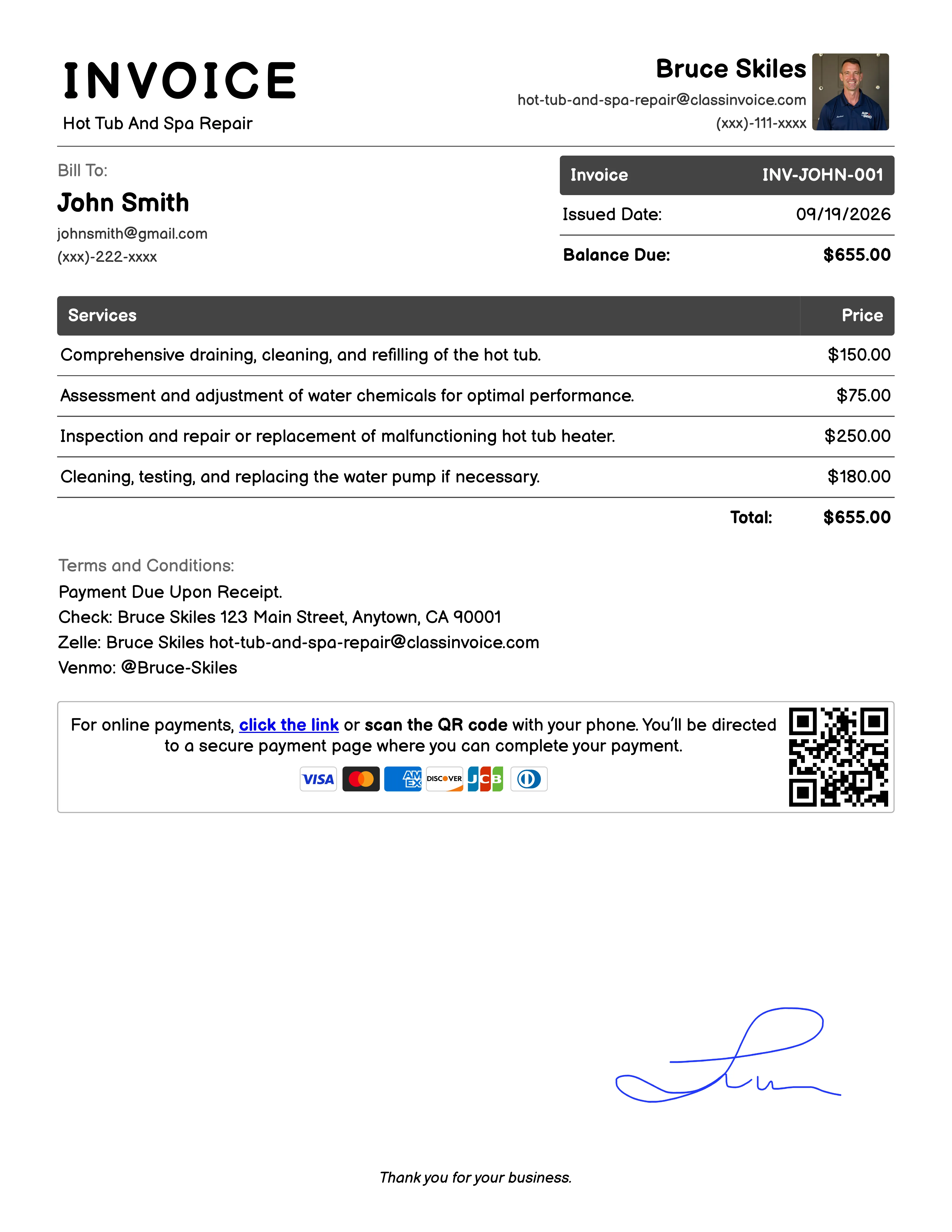 Hot Tub And Spa Repair Invoice Example