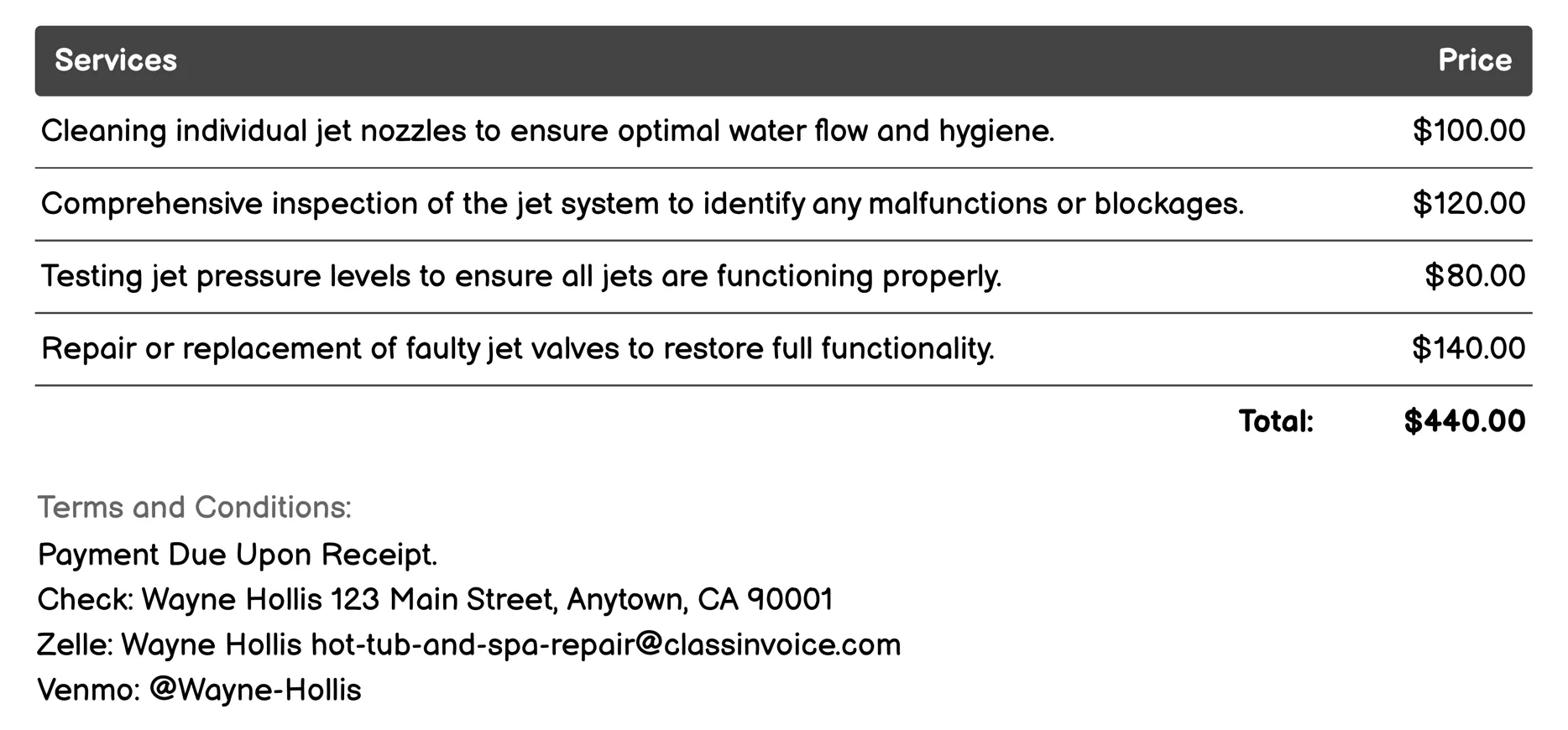 Jets Cleaning and Repair Invoice Example