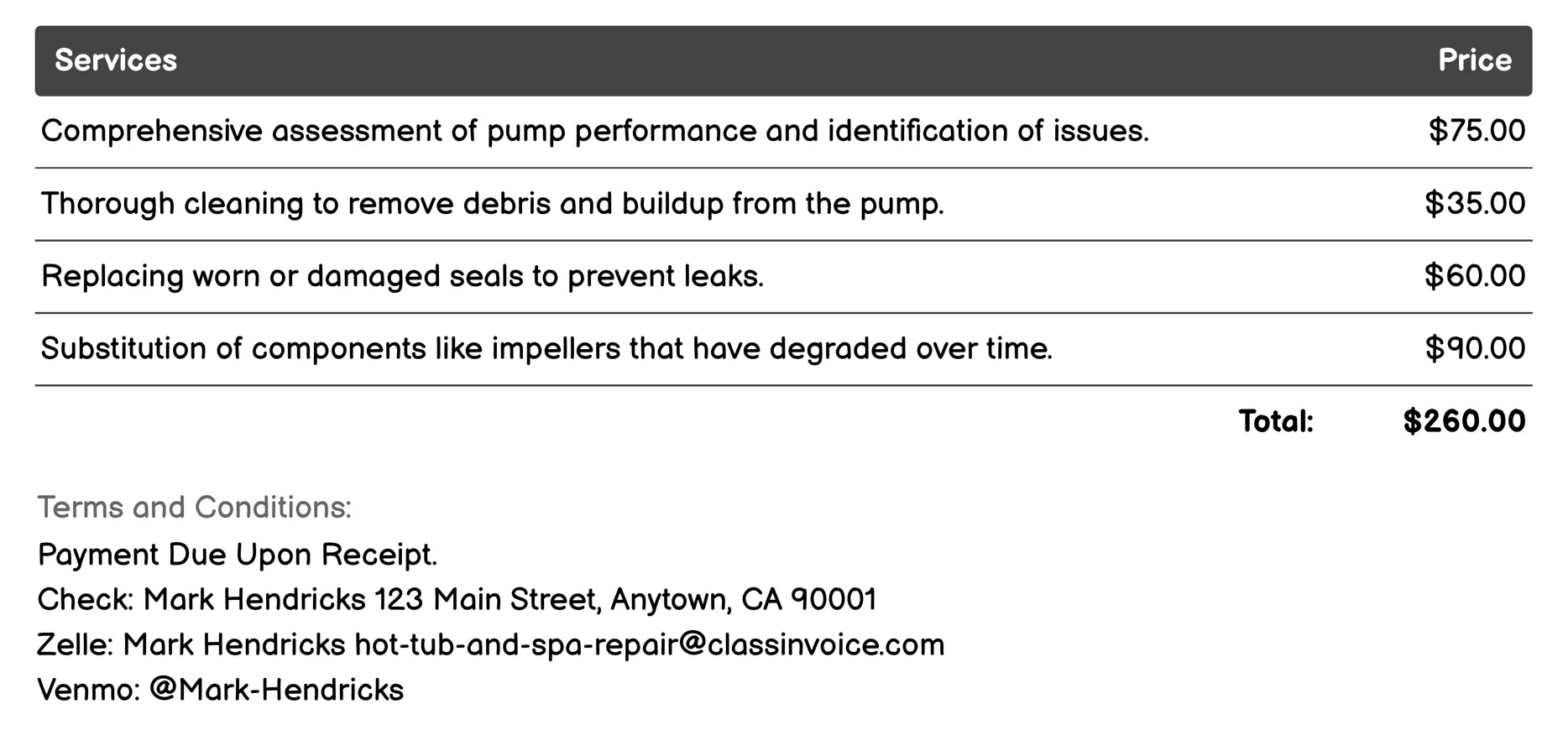 Pump Repair and Replacement Invoice Example