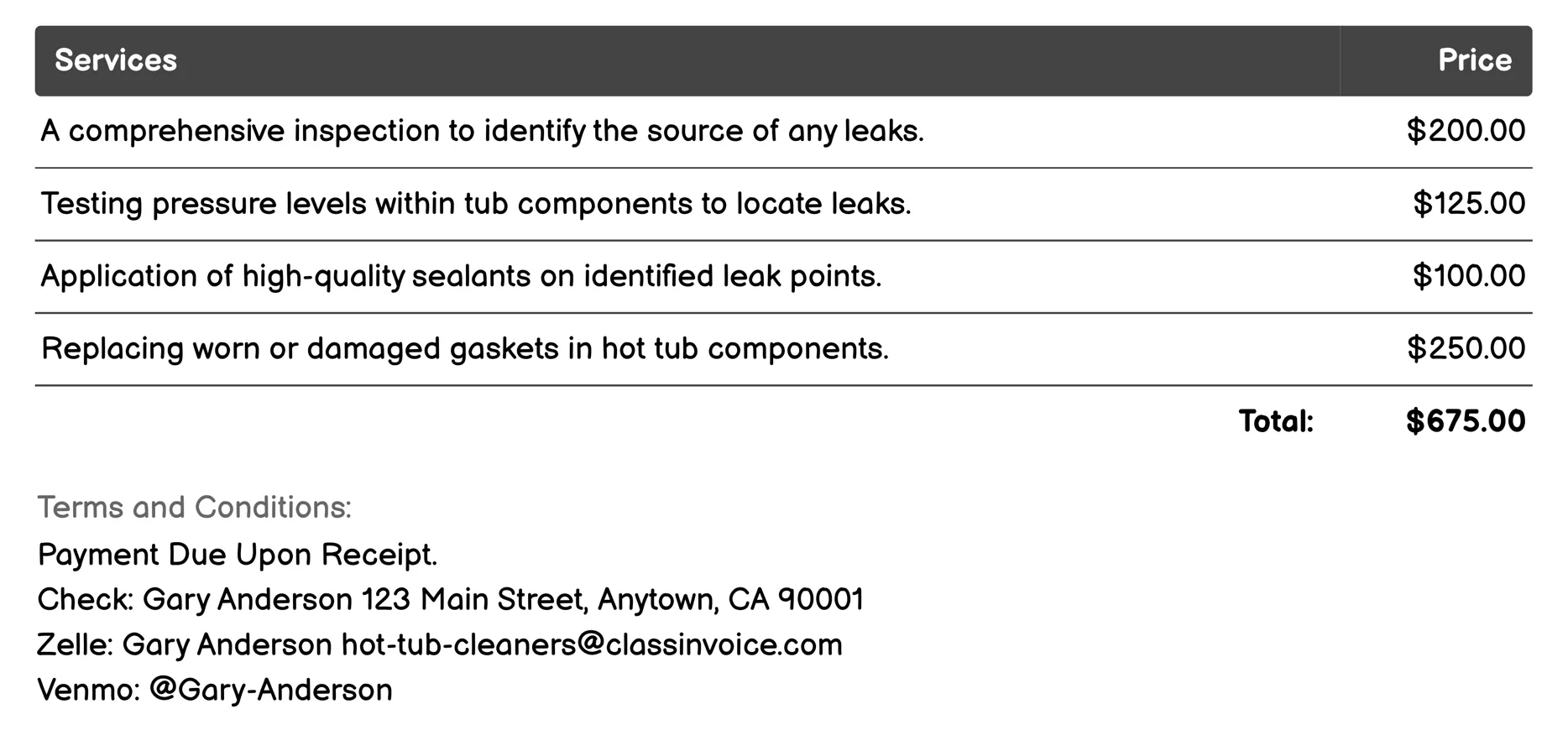 Leak Detection and Repair Invoice Example