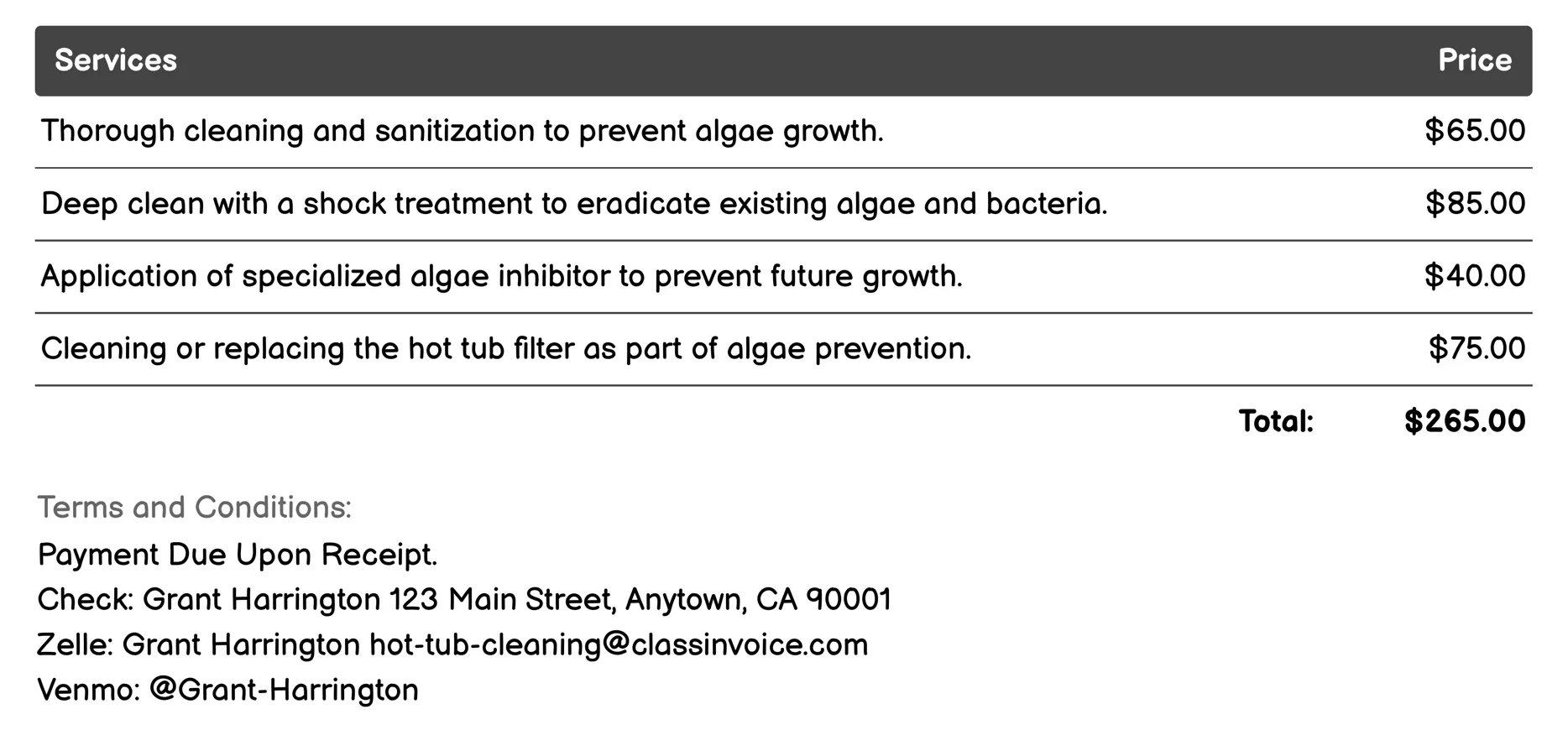Algae Prevention Invoice Example