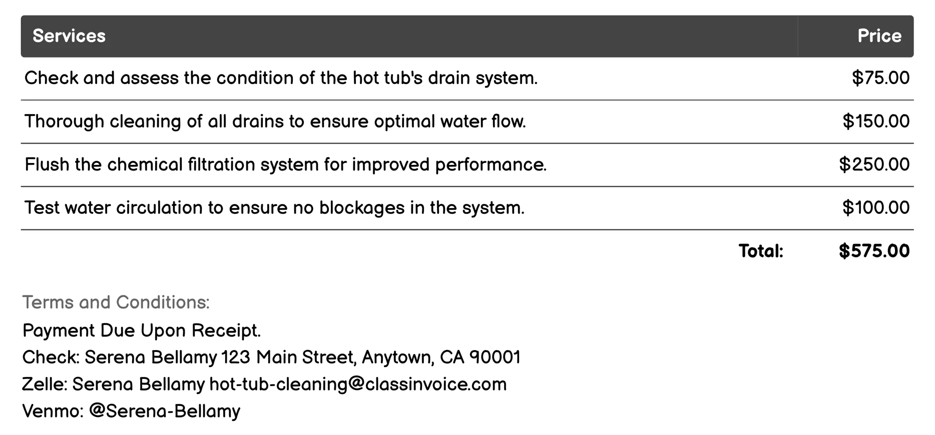 Drain and Cleanse Invoice Example