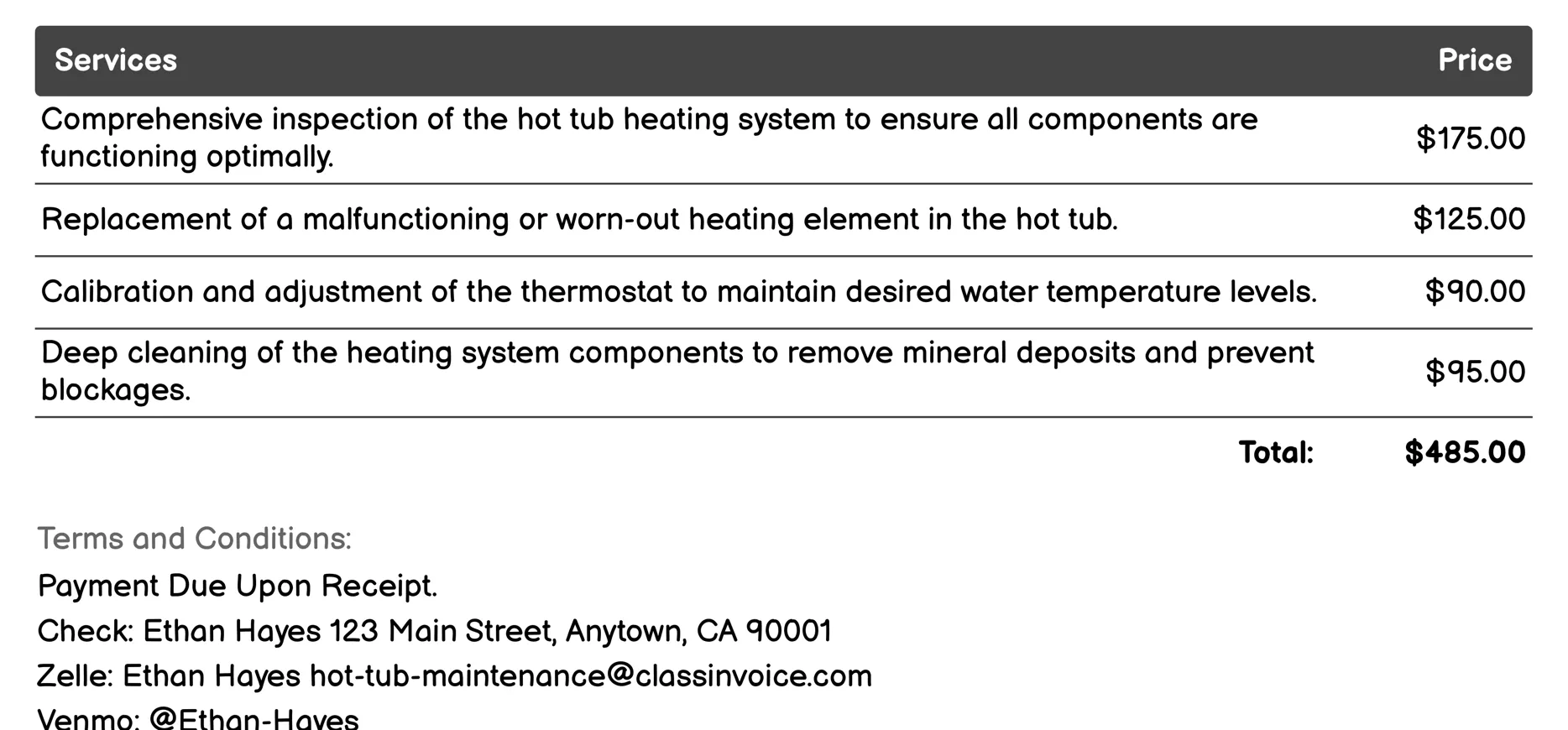Heating System Service Invoice Example