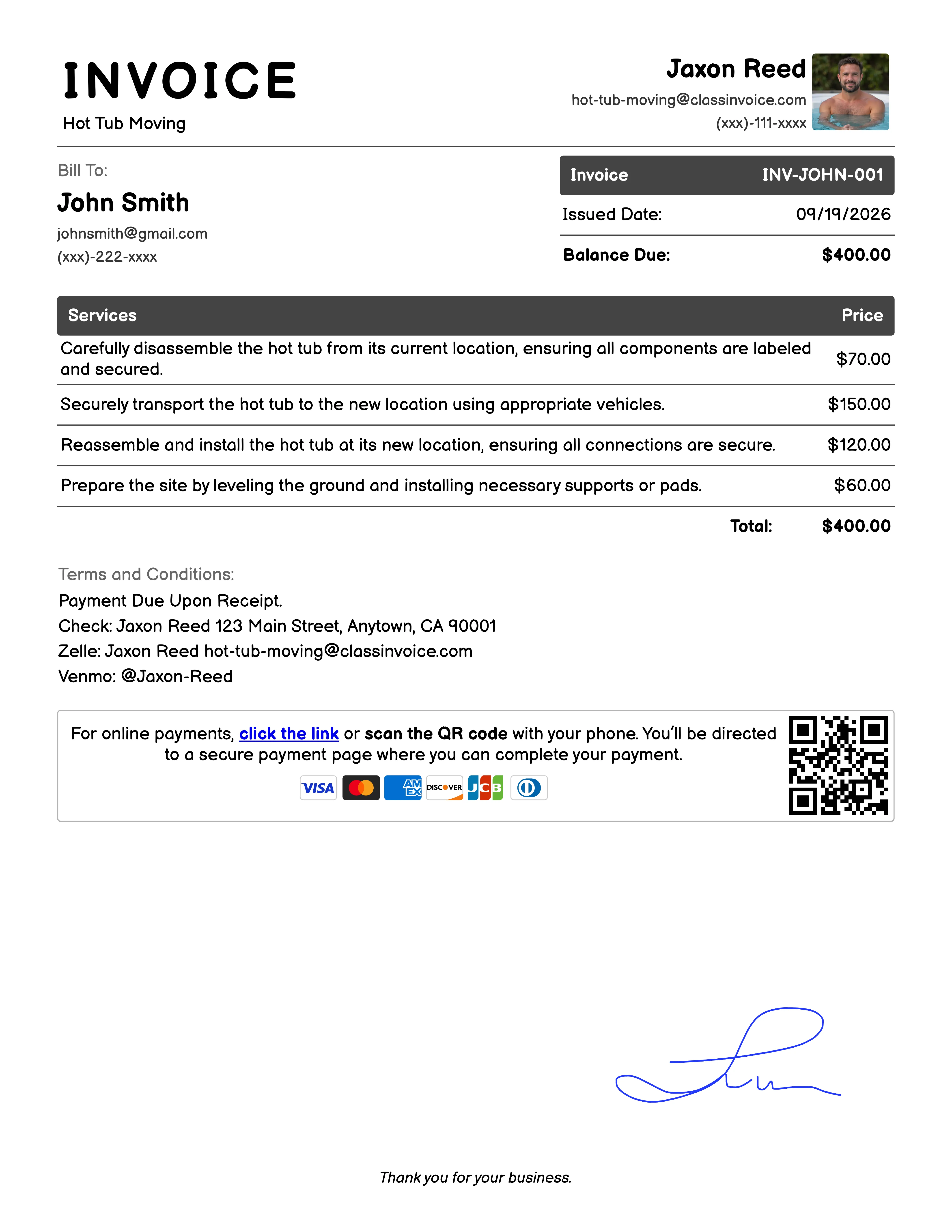 Hot Tub Moving Invoice Example