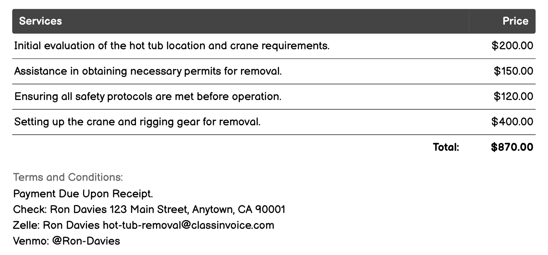 Crane-Assisted Removal Invoice Example