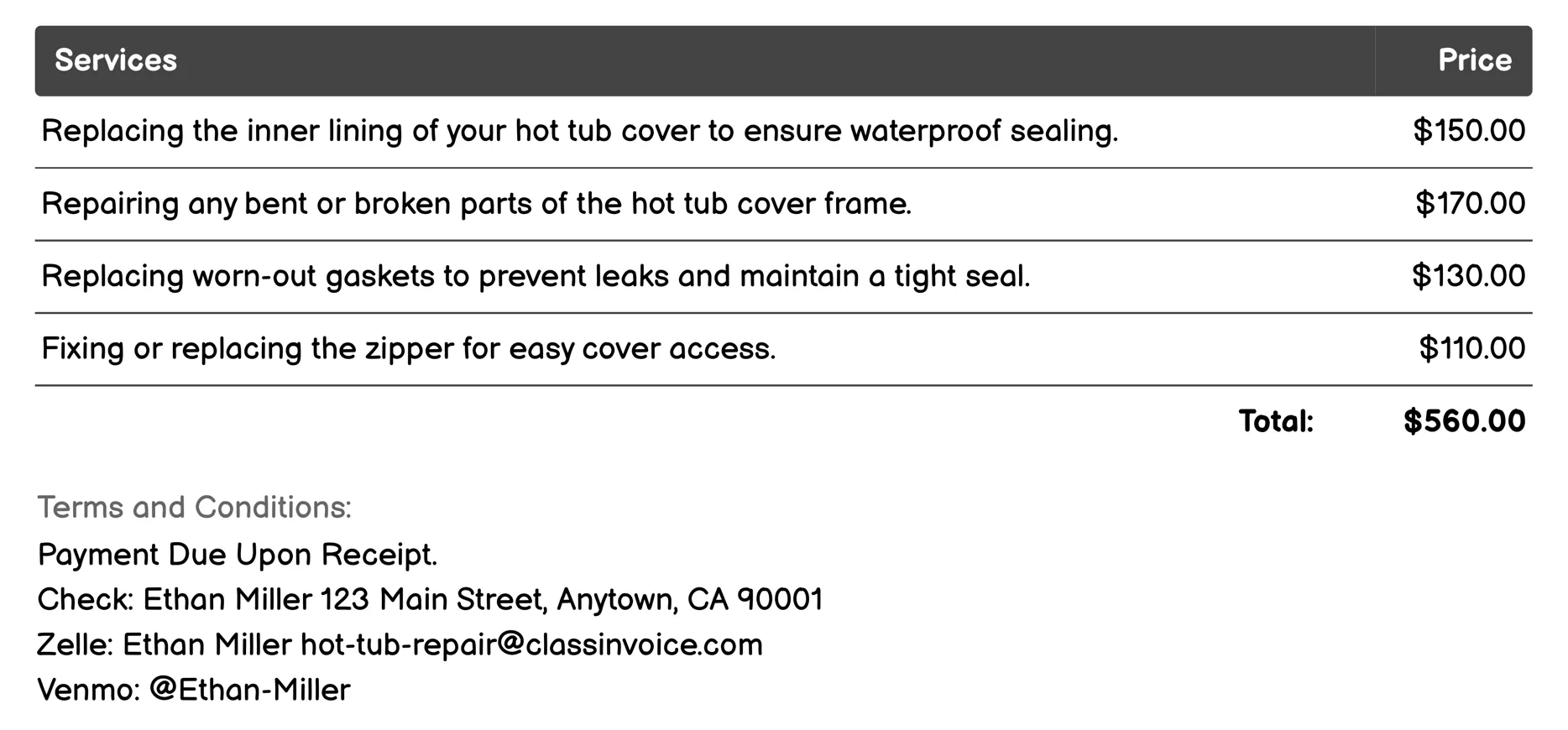 Cover Replacement/Repair Invoice Example
