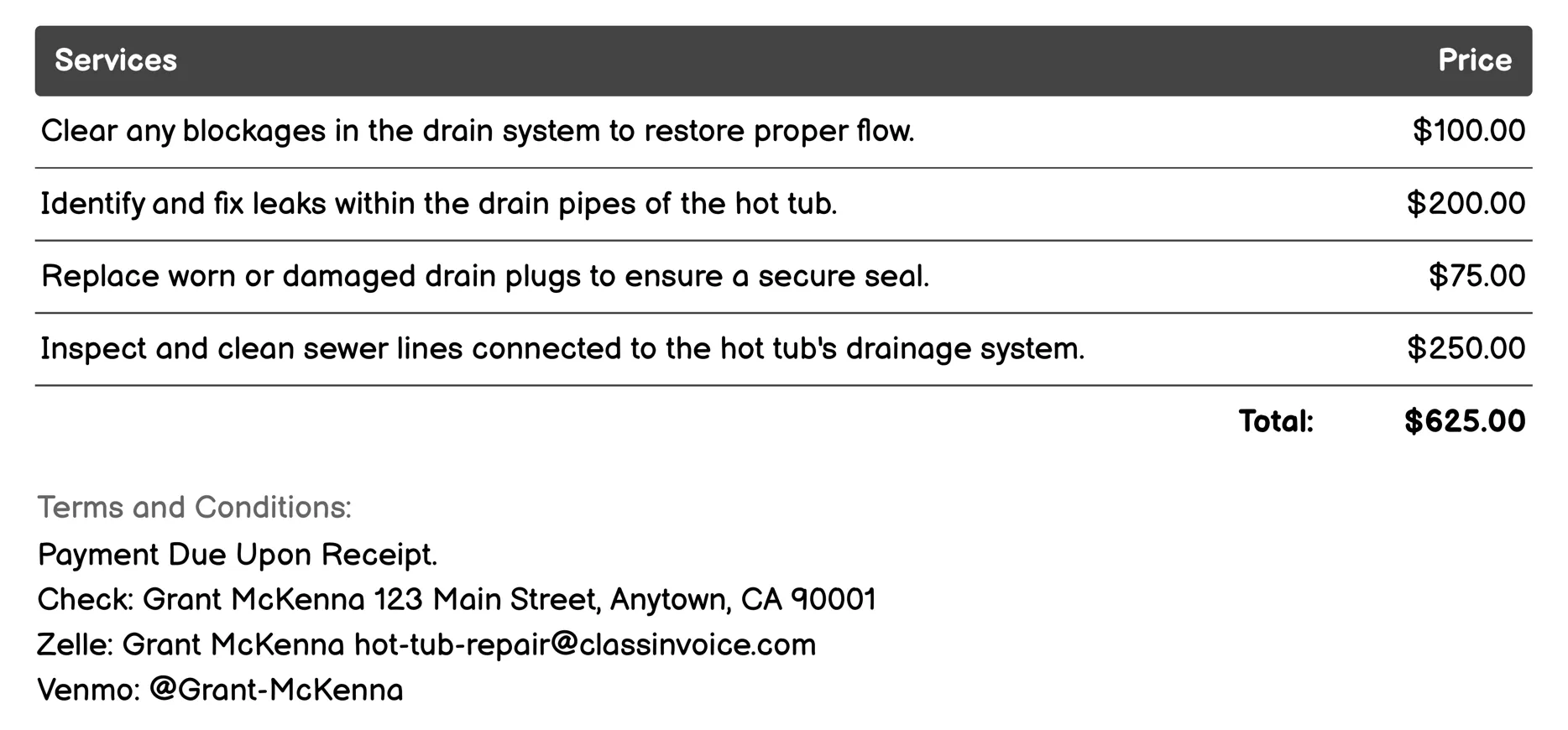 Drain System Repair Invoice Example