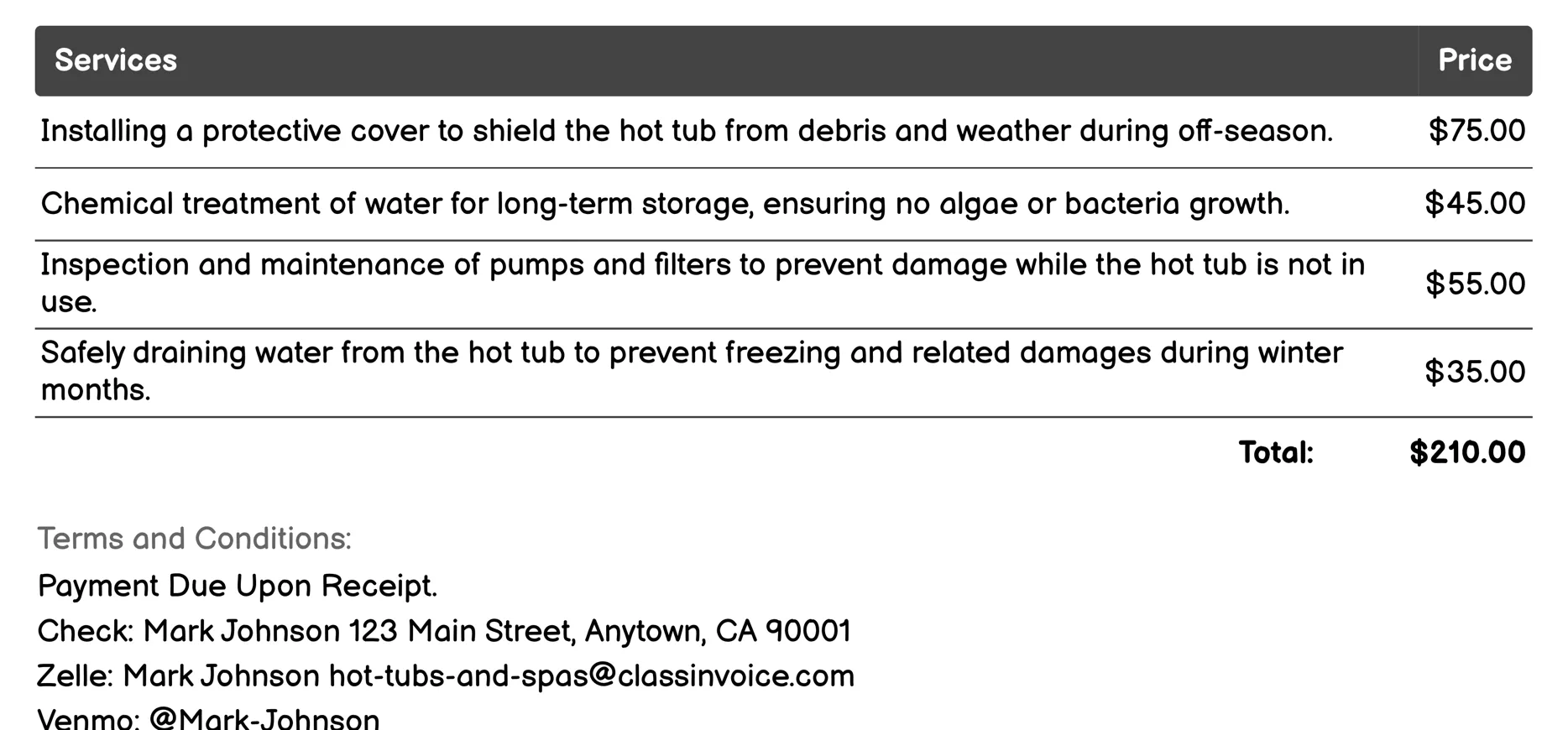 Seasonal Opening and Closing Invoice Example