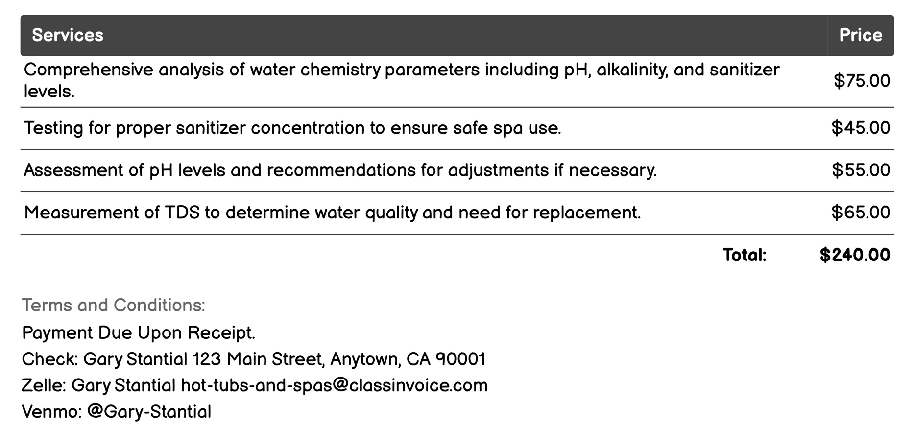 Water Testing and Balancing Invoice Example