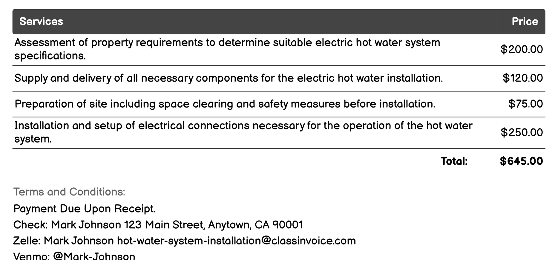 Electric Hot Water Systems Invoice Example