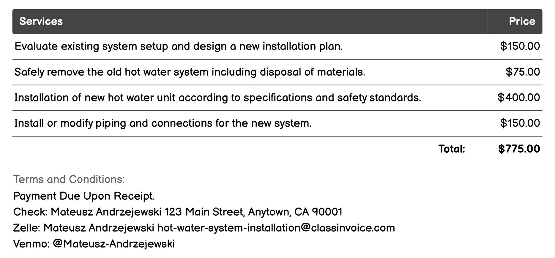 Hot Water System Replacement Services Invoice Example