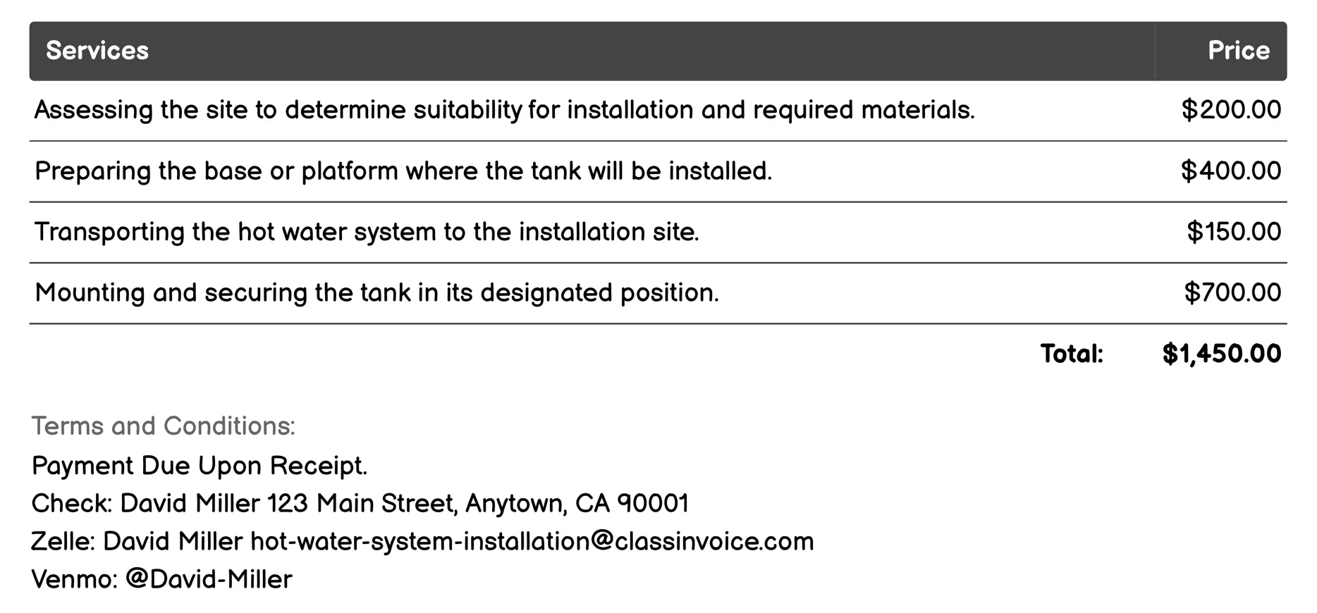 Indoor or Outdoor Tank Installation Invoice Example