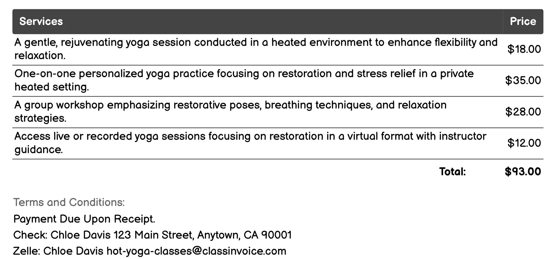 Hot Restorative Yoga Invoice Example