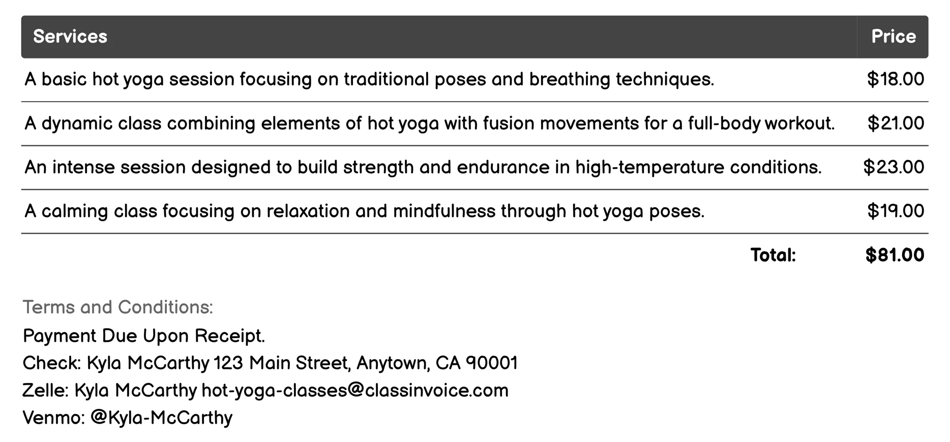 Hot Yoga Fusion Invoice Example