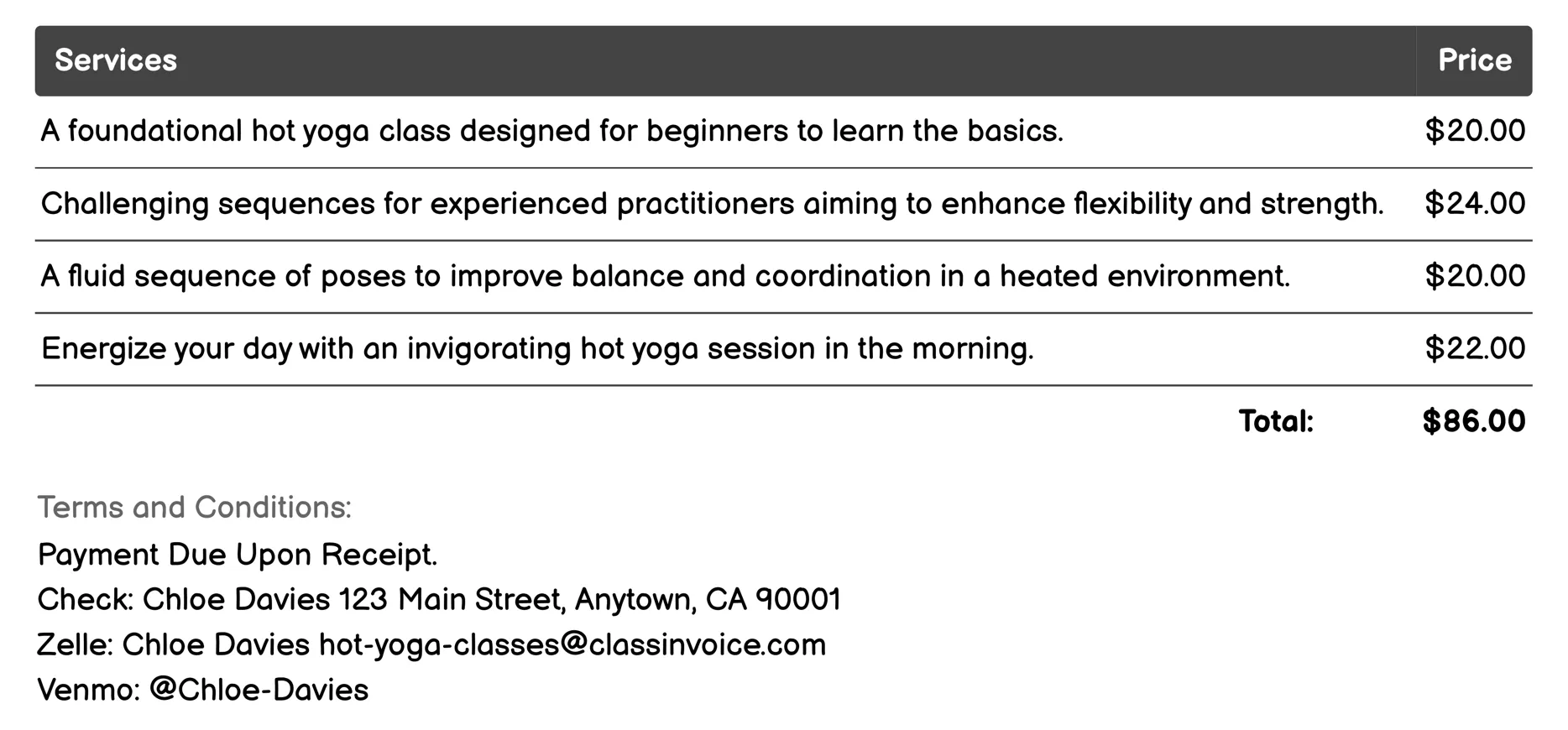 Power Yoga Invoice Example