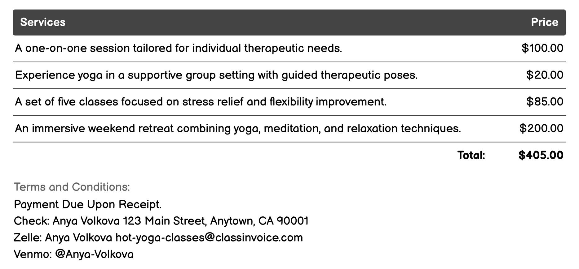 Therapeutic Hot Yoga Invoice Example