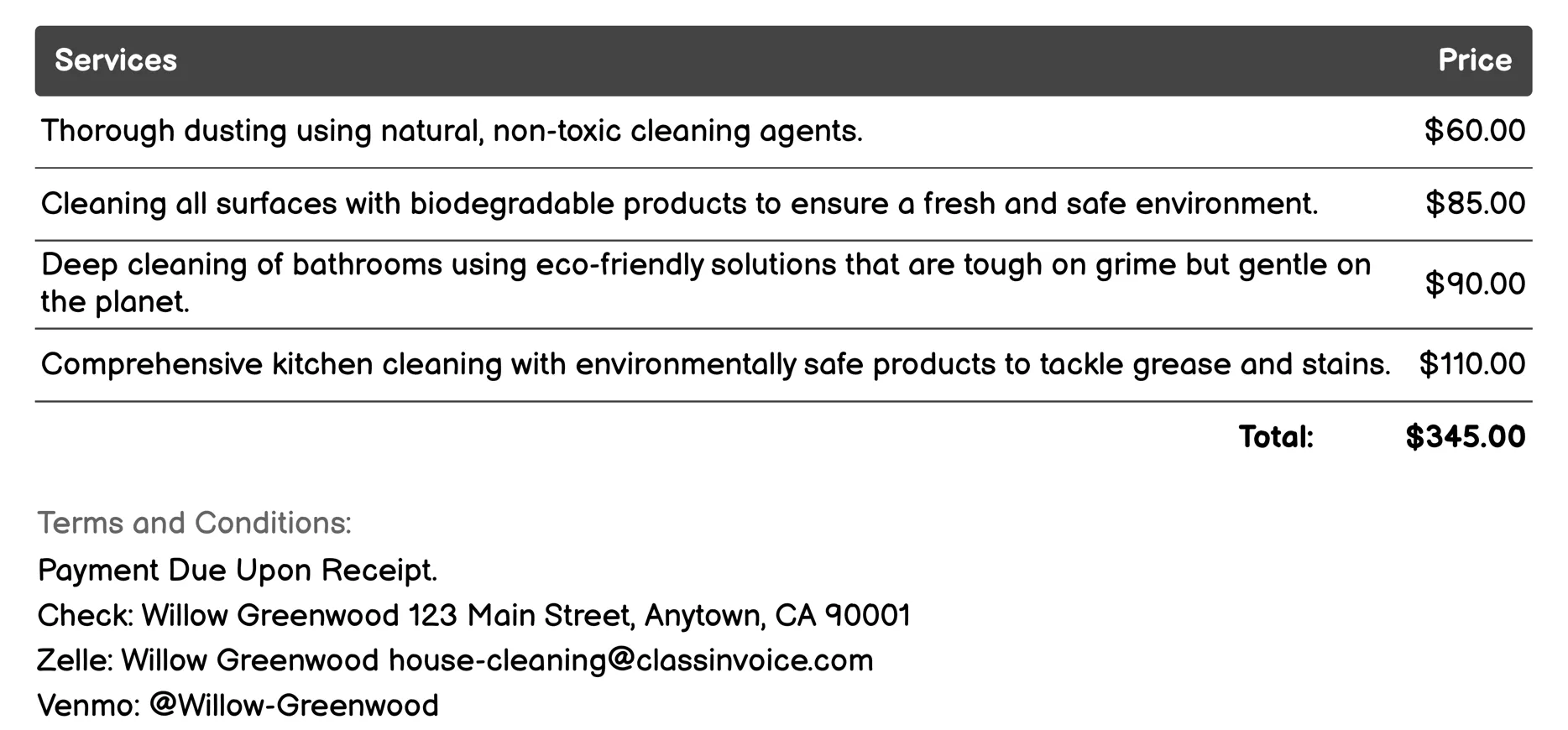 Eco-Friendly Cleaning Invoice Example
