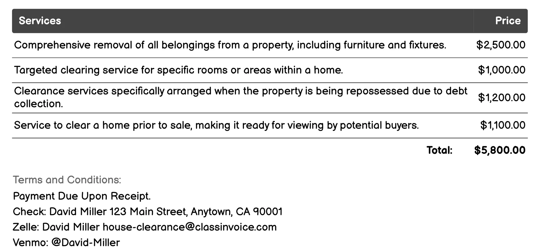 Estate Clearing Services Invoice Example