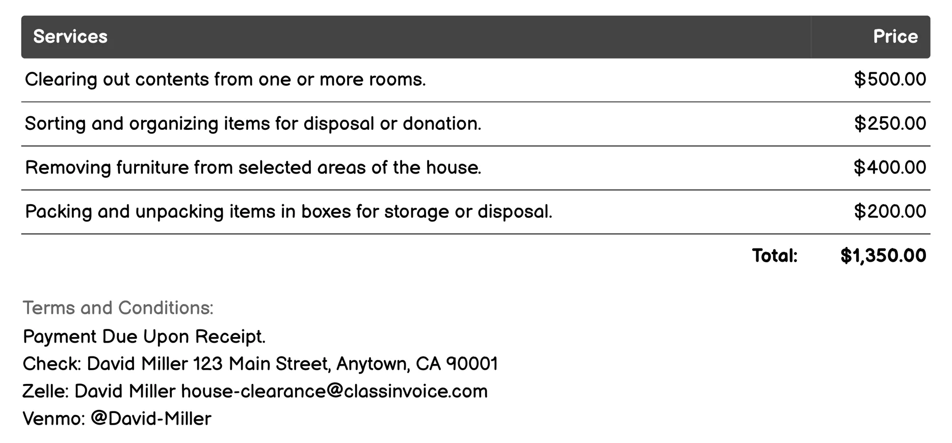 Partial House Clearance Invoice Example