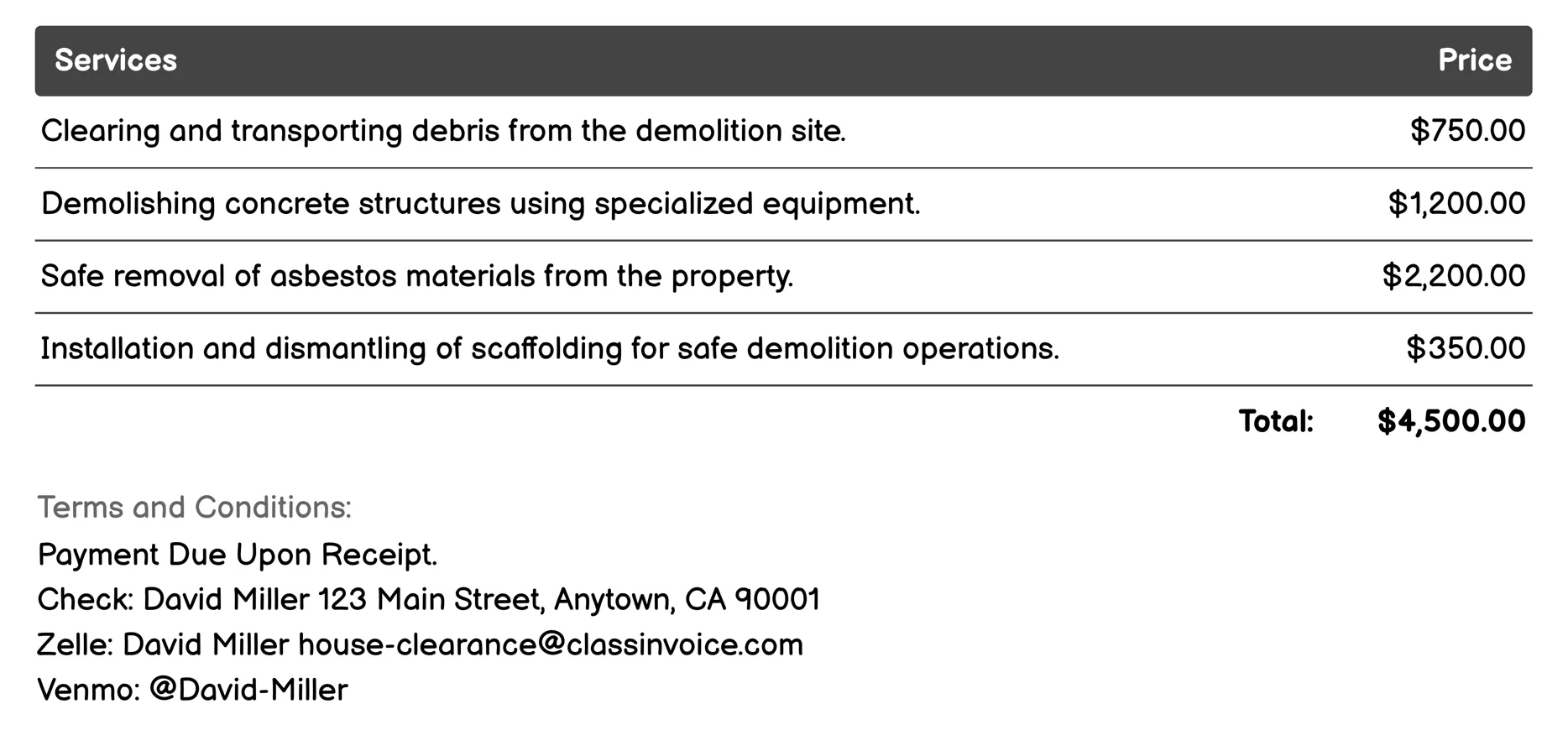 Specialist Demolition Services Invoice Example