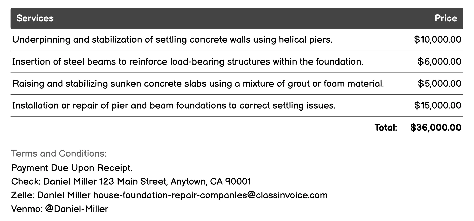 Structural Reinforcement Invoice Example