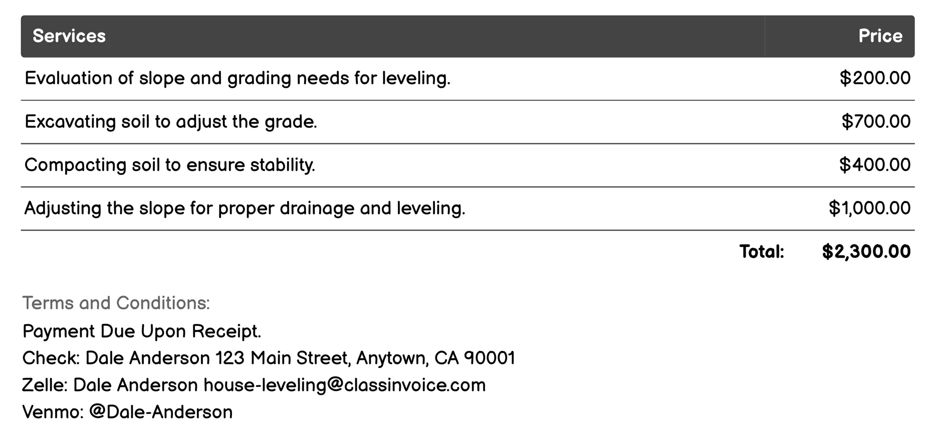 Slope Grading Invoice Example