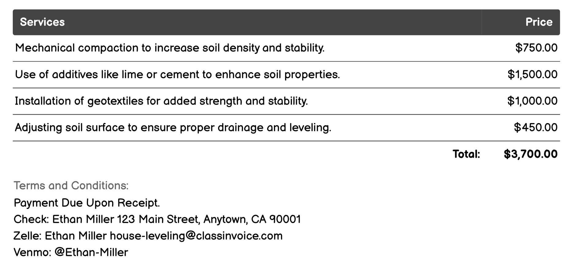 Soil Stabilization Invoice Example