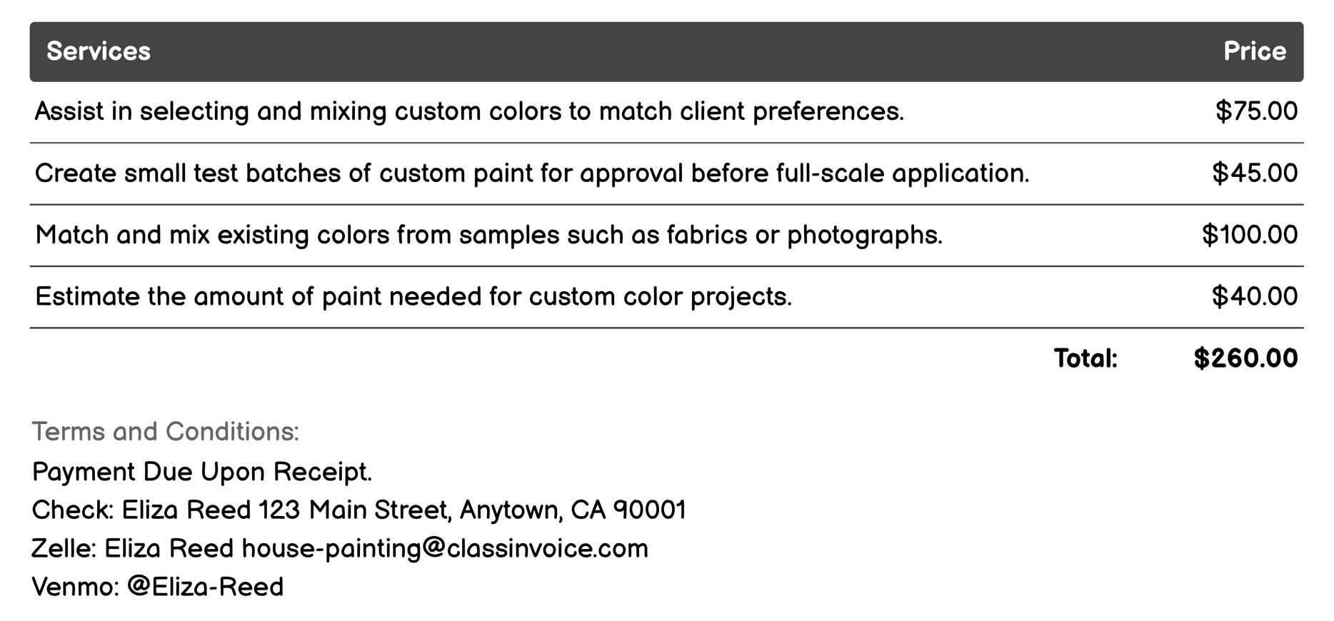 Custom Color Mixing Invoice Example