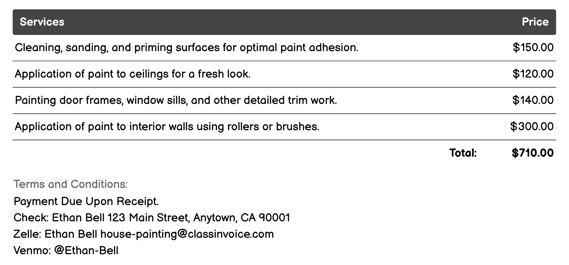 Interior House Painting Invoice Example