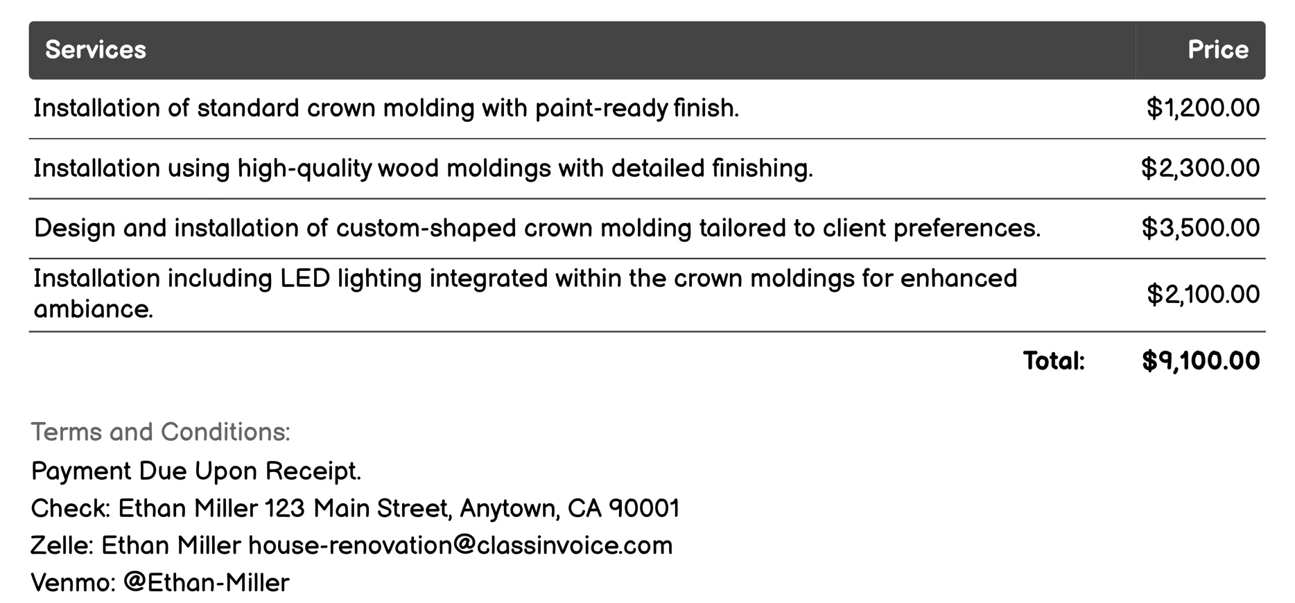 Crown Molding Installation Invoice Example