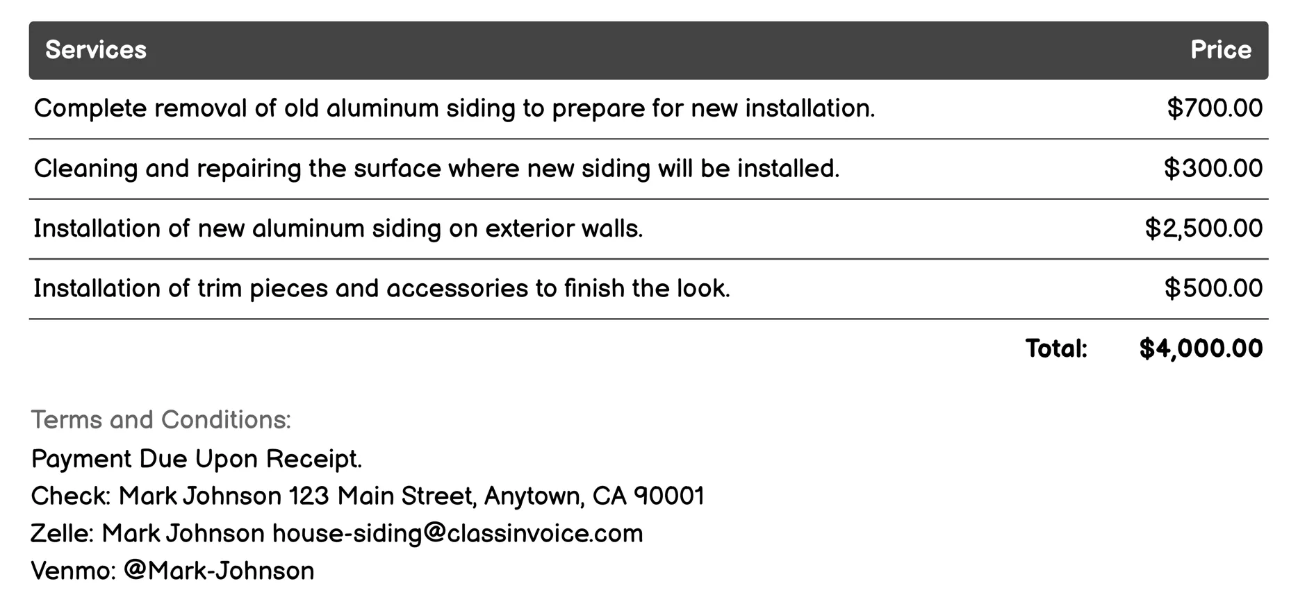 Aluminum Siding Invoice Example