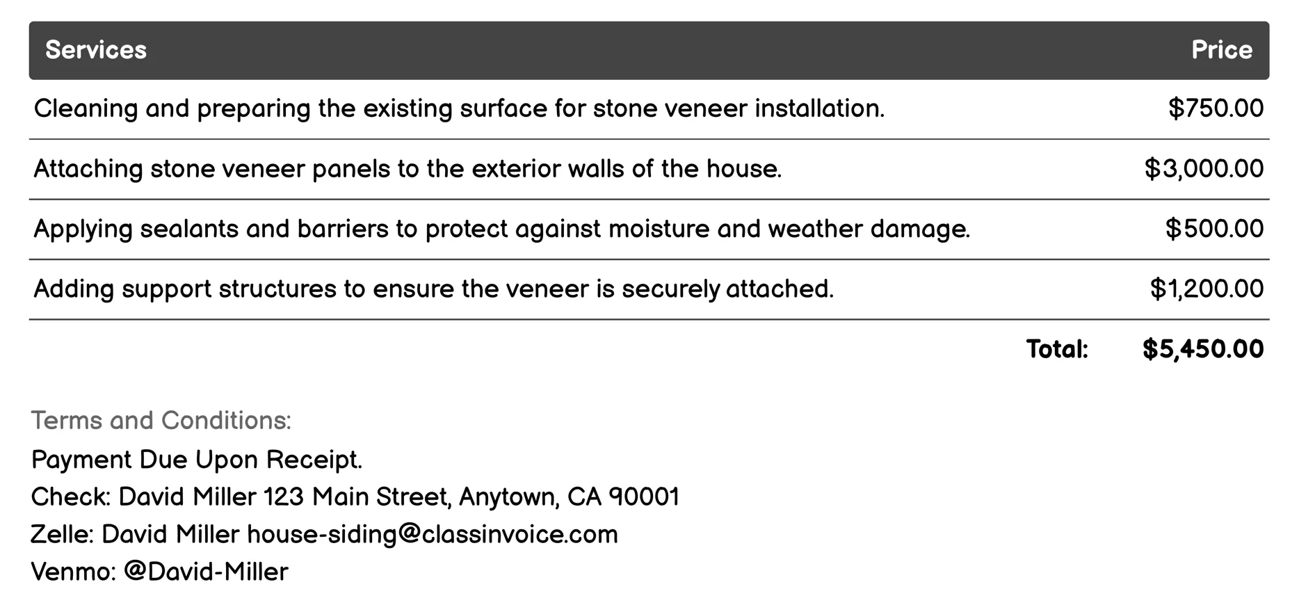 Stone Veneer Siding Invoice Example