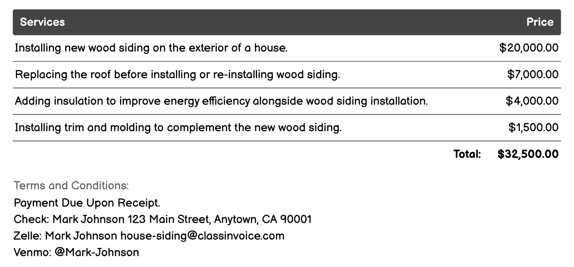 Wood Siding Invoice Example