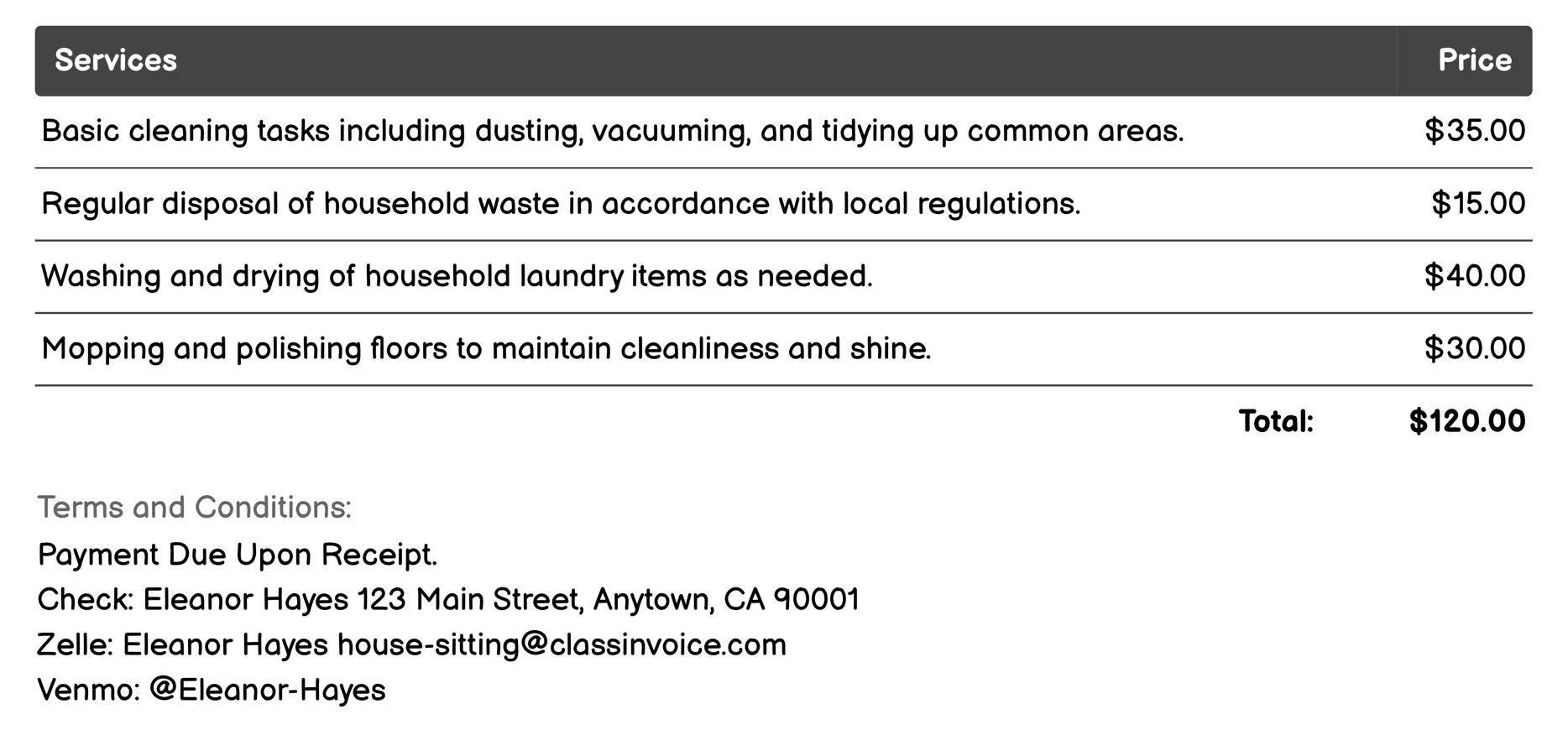 Housekeeping Invoice Example