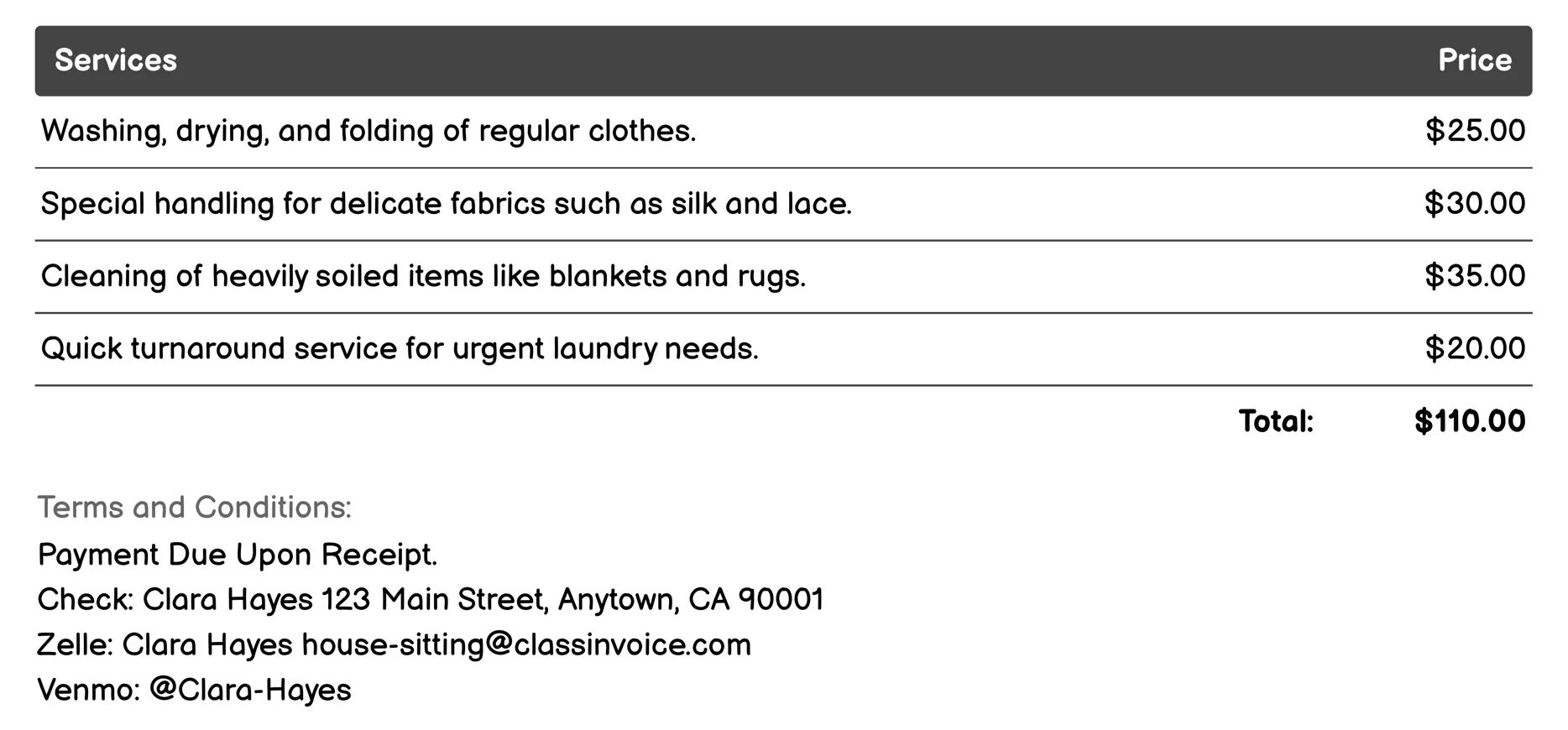 Laundry Services Invoice Example