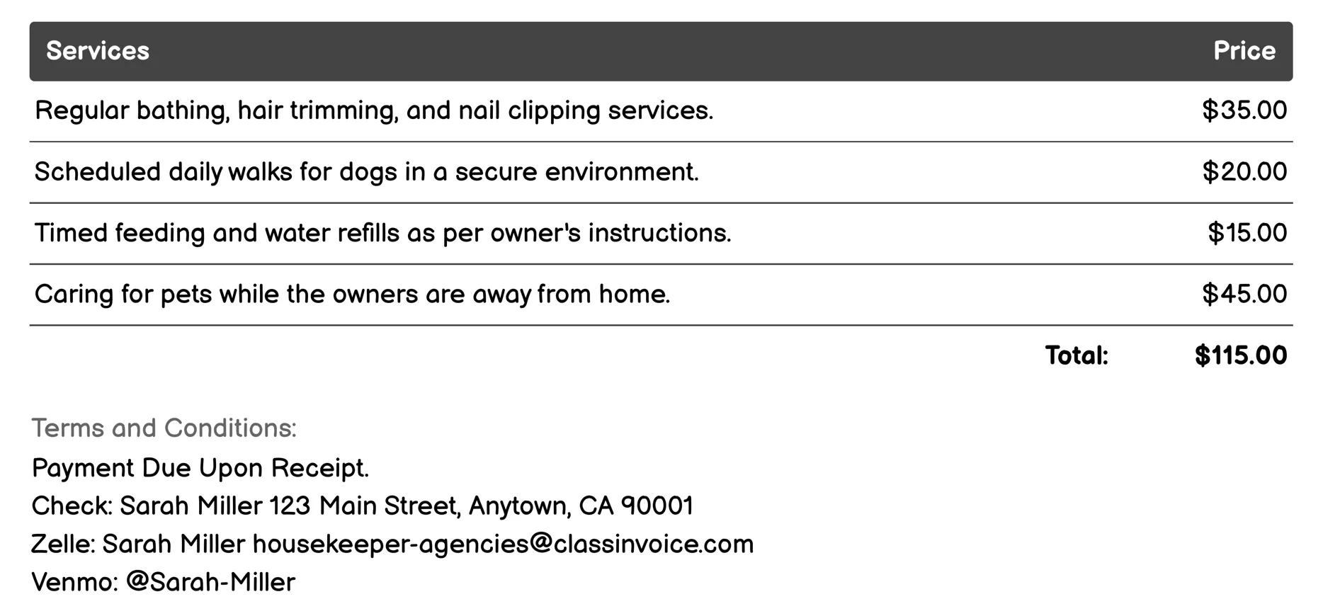 Pet Care Services Invoice Example