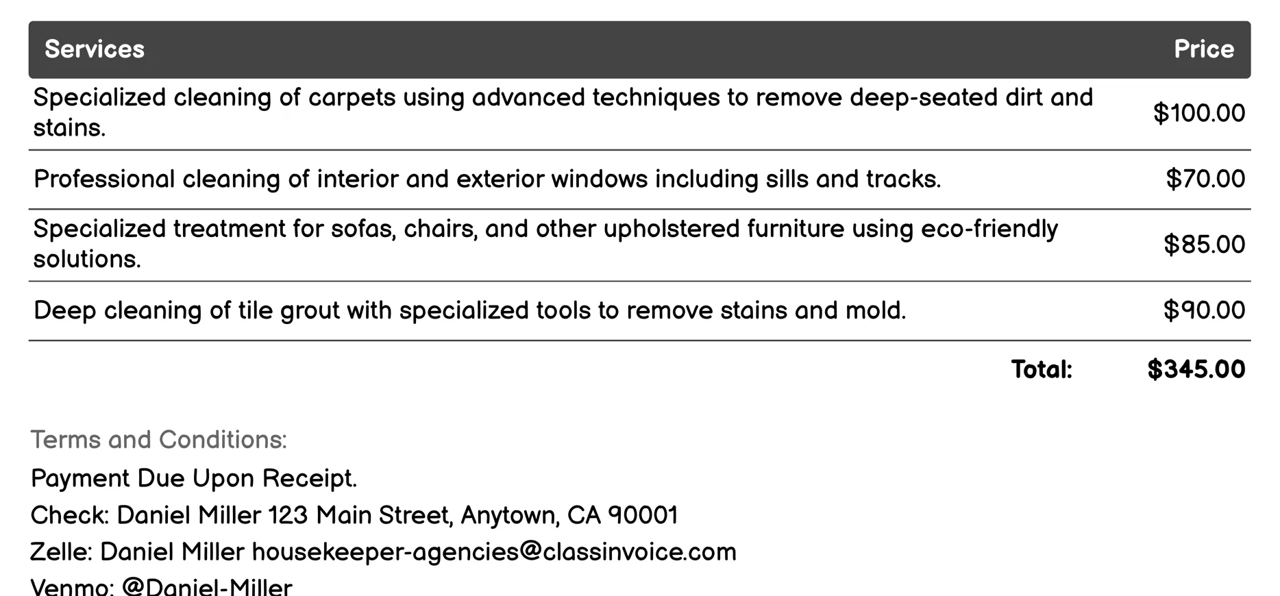 Specialized Cleaning Invoice Example