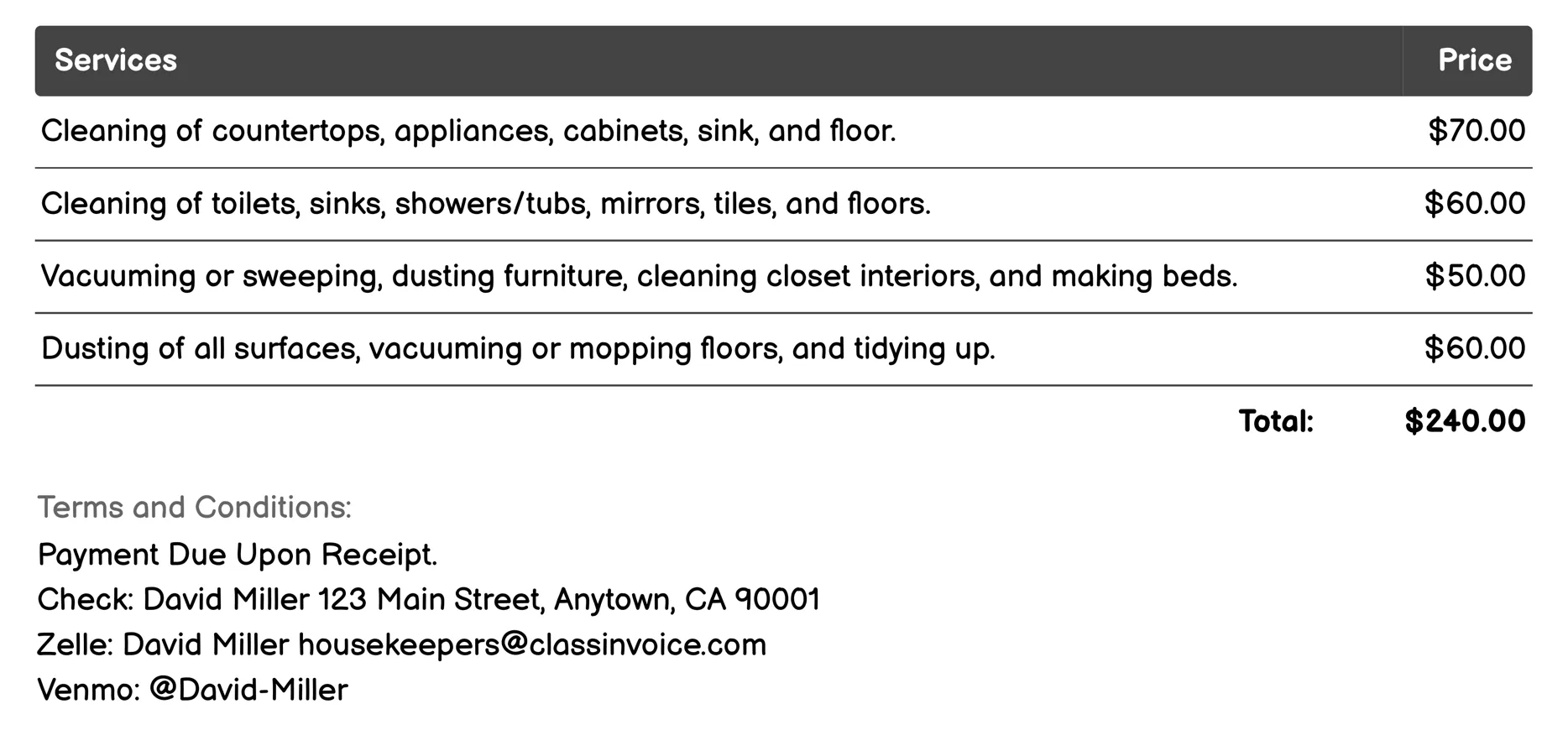 End-of-Lease Cleaning Invoice Example