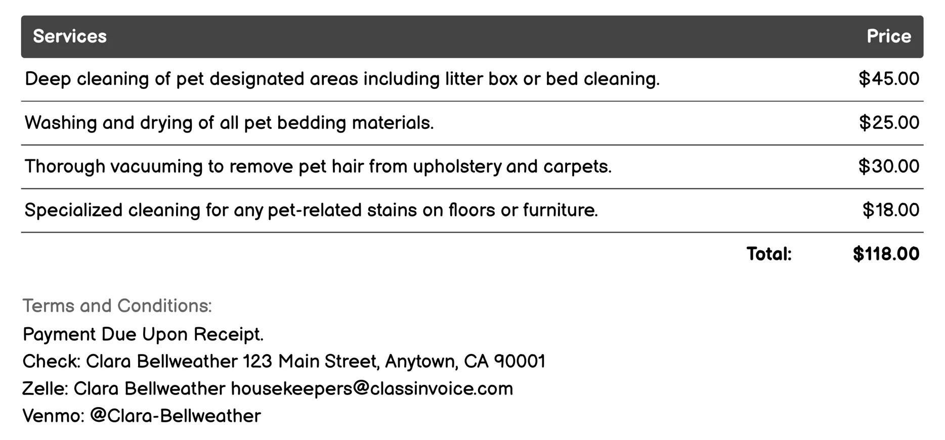 Pet Care Cleaning Invoice Example