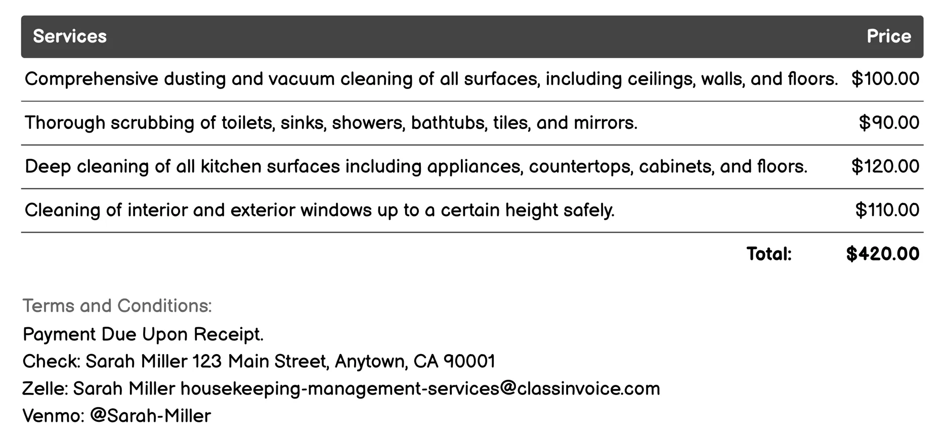Deep Cleaning Services Invoice Example