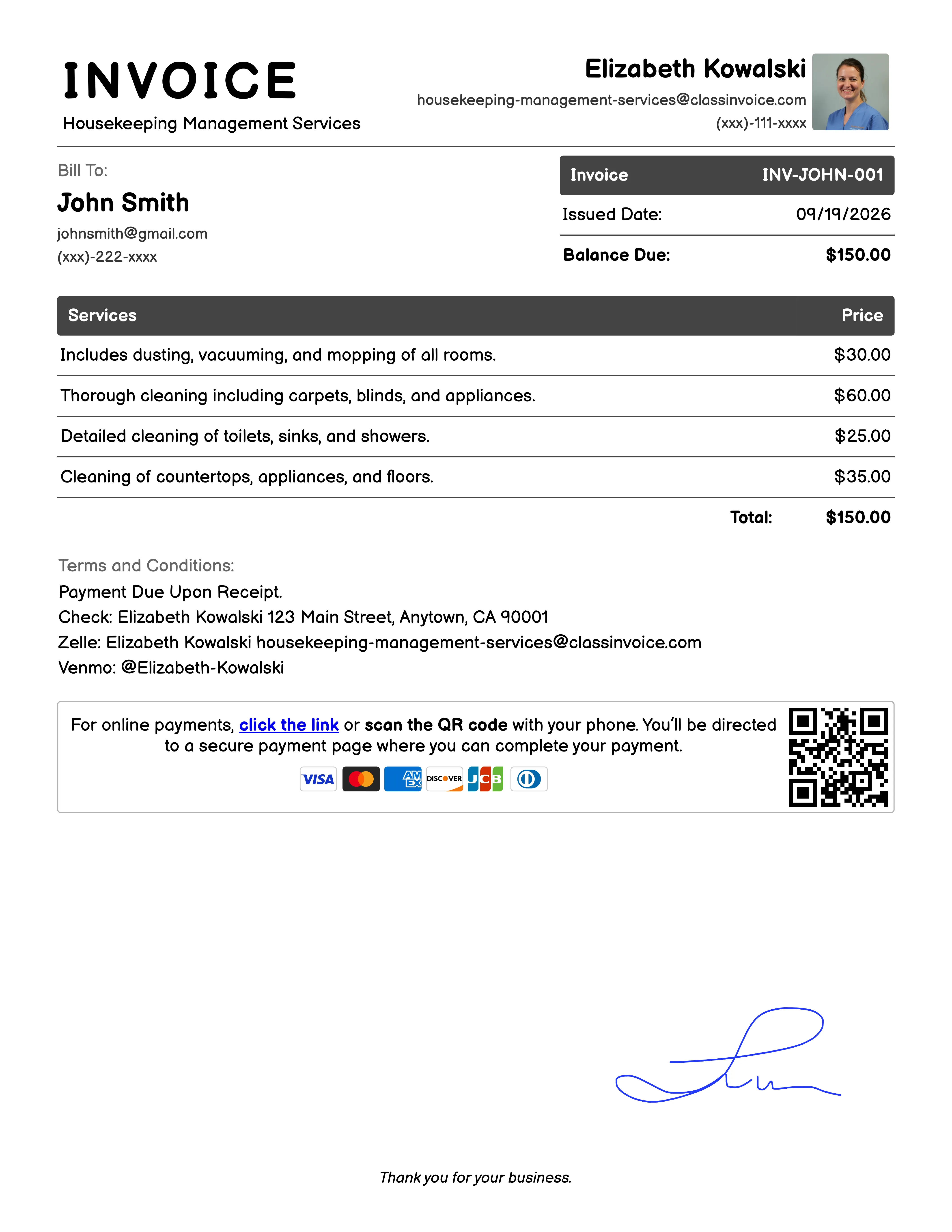 Housekeeping Management Services Invoice Example