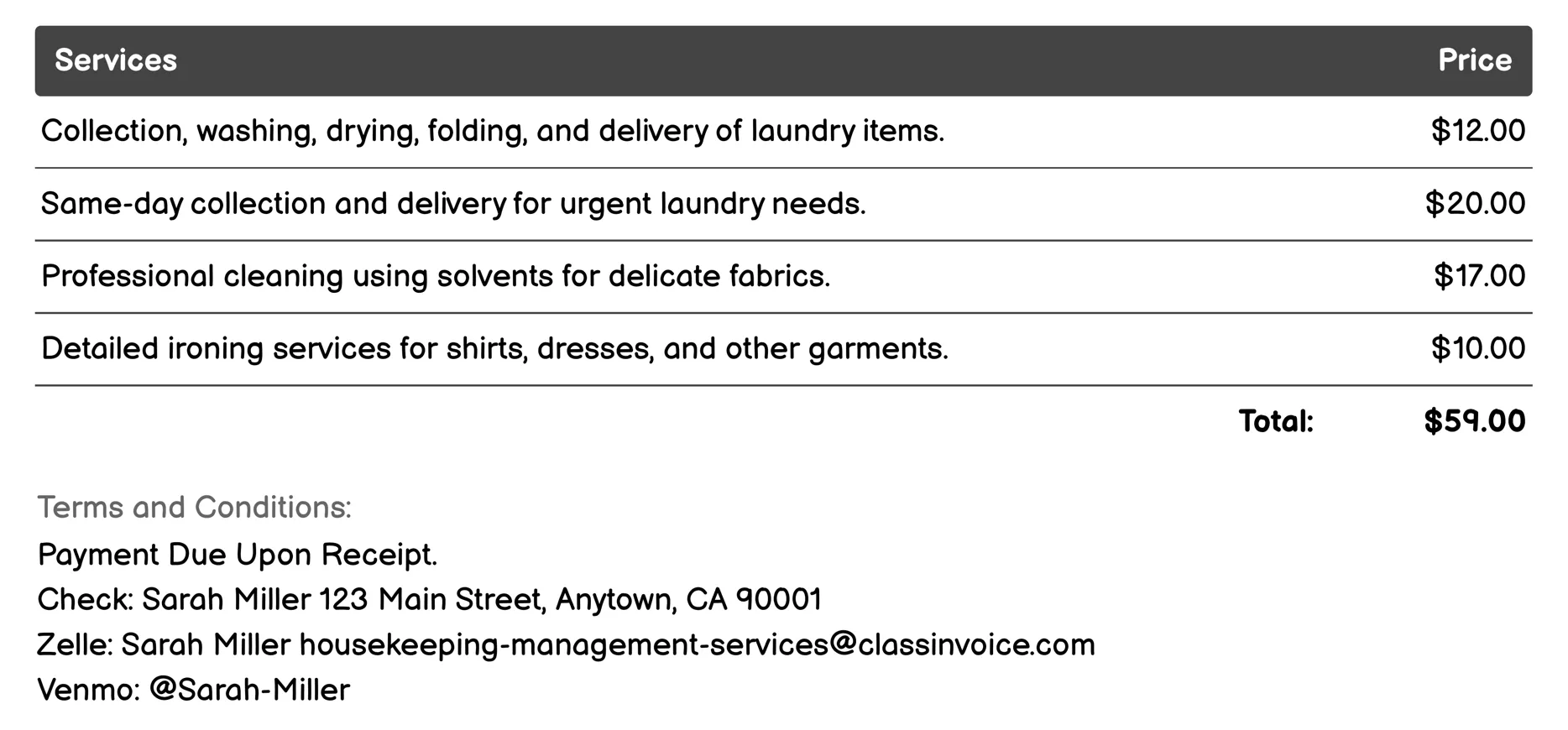 Laundry Services Invoice Example