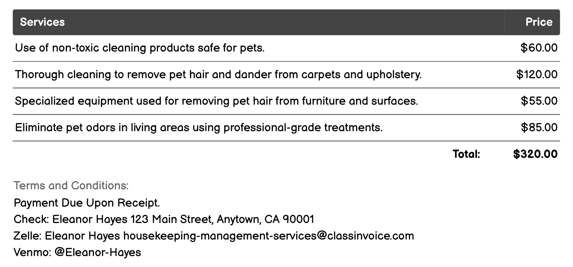 Pet Care Services Invoice Example