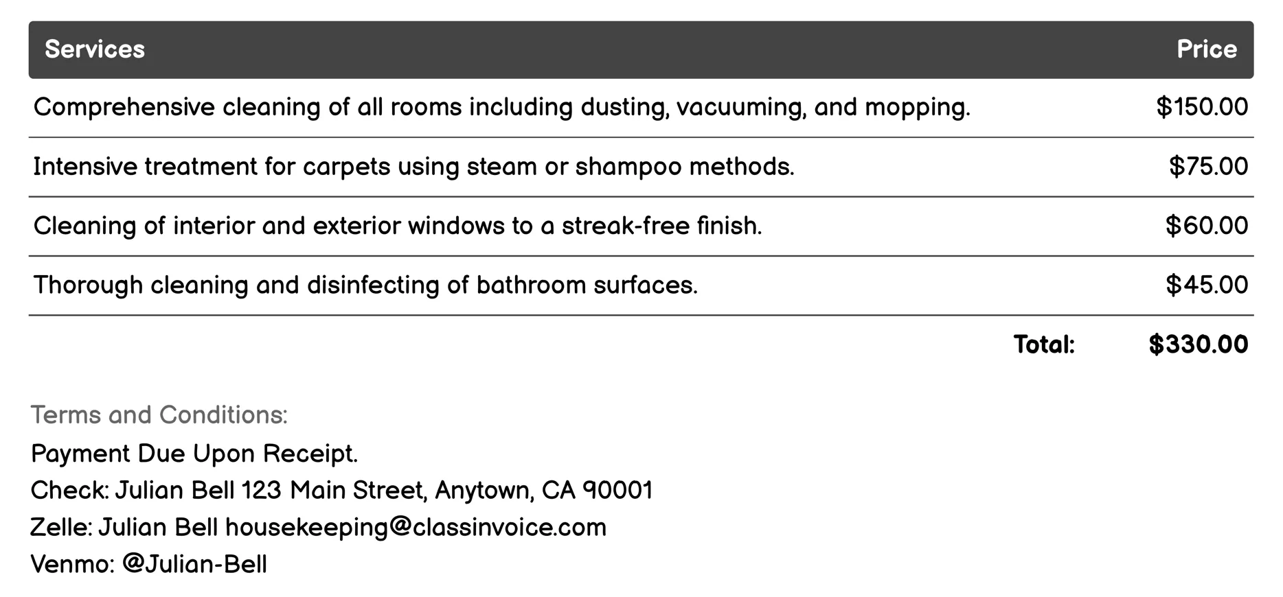 Bespoke Housekeeping Packages Invoice Example