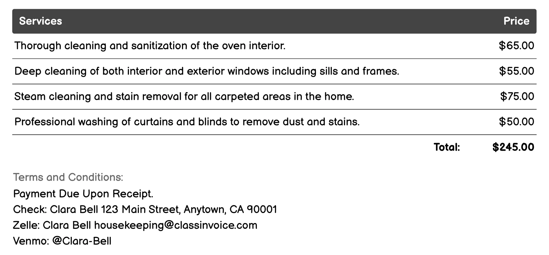 Deep Cleaning Service Invoice Example