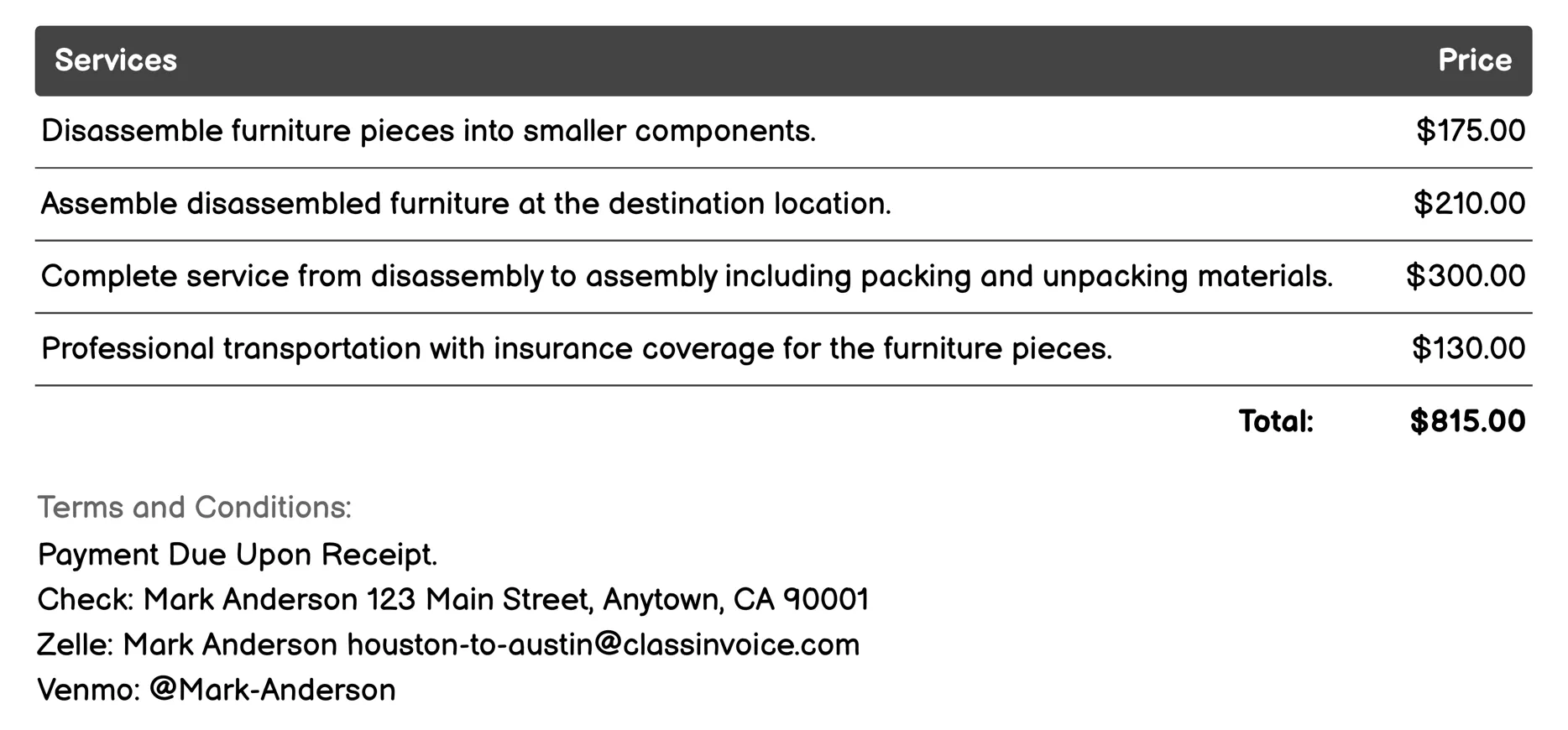 Furniture Disassembly/Assembly Invoice Example
