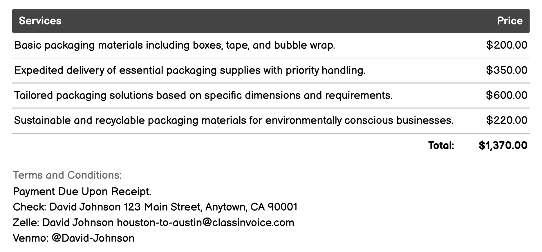 Packaging Supplies Invoice Example