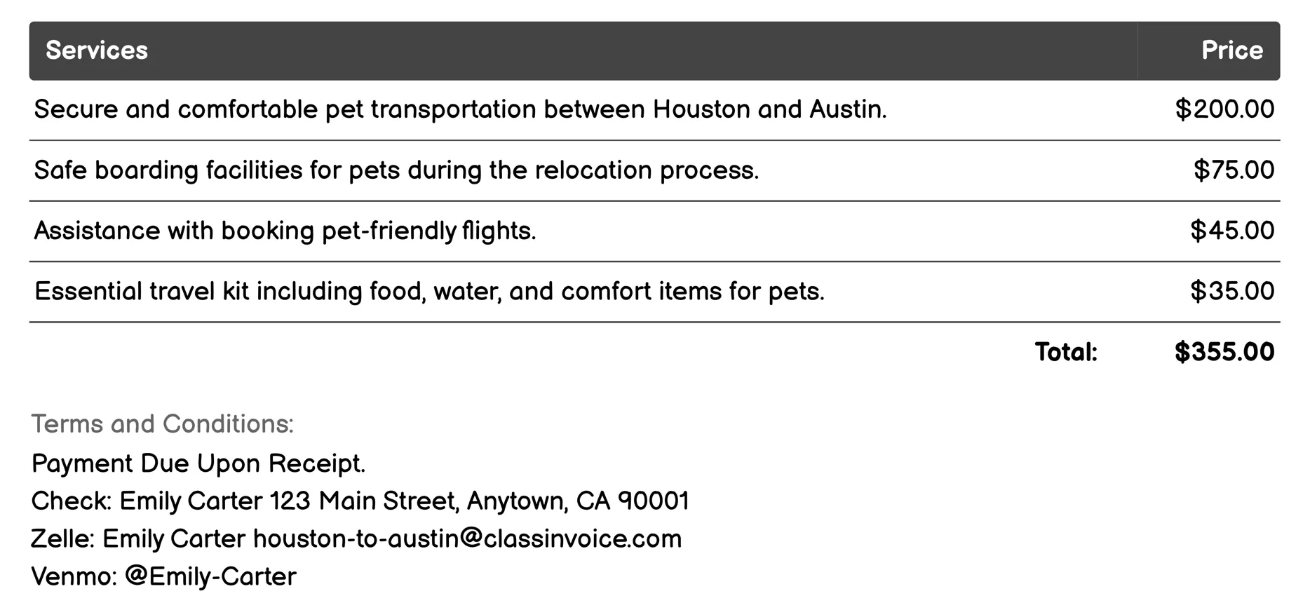 Pet Relocation Invoice Example