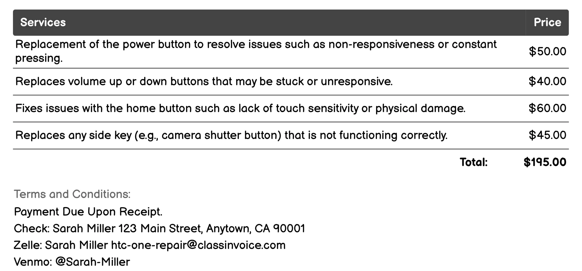 Button Replacement Invoice Example